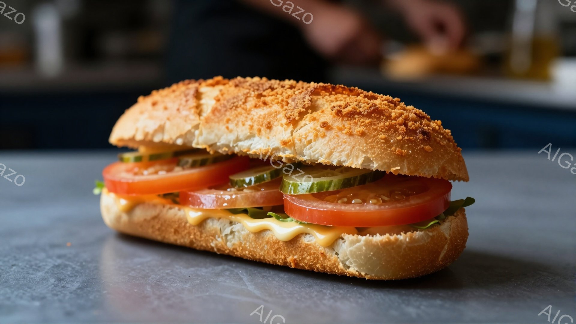 長いパンにトマト、キュウリ、そしてチーズが挟まったサンドイッチが写っている。パンの表面は少し焦げ目がついており、美味しさを強調している。背景はぼかされており、サンドイッチが主な焦点となっている。 - AI生成フリー素材