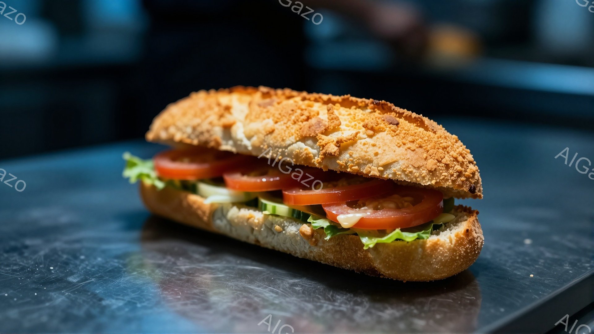 サクサクとした外観の長いパンに、レタス、トマト、クリーム状のソースが挟まったサンドイッチが写っている。パンの表面にはゴマが散りばめられており、新鮮な食材が挟まっている様子が伺える。背景は暗い金属製の表面で、サンドイッチが際立っている。