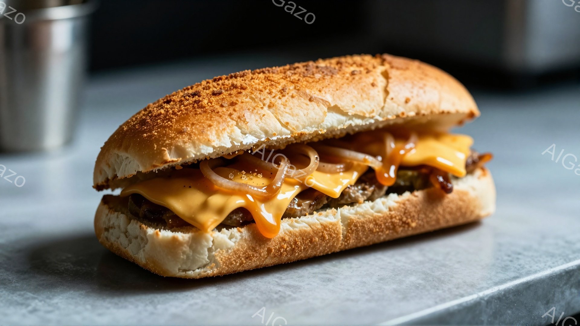大きなパンに挟まれた牛肉のサンドイッチが写っている。とろけたチーズソースとキャラメル化した玉ねぎがたっぷりとかけられ、パンは軽く焦げ目がついている。背景はグレーの表面で、左上には金属製の容器が見える。 - AI生成フリー素材
