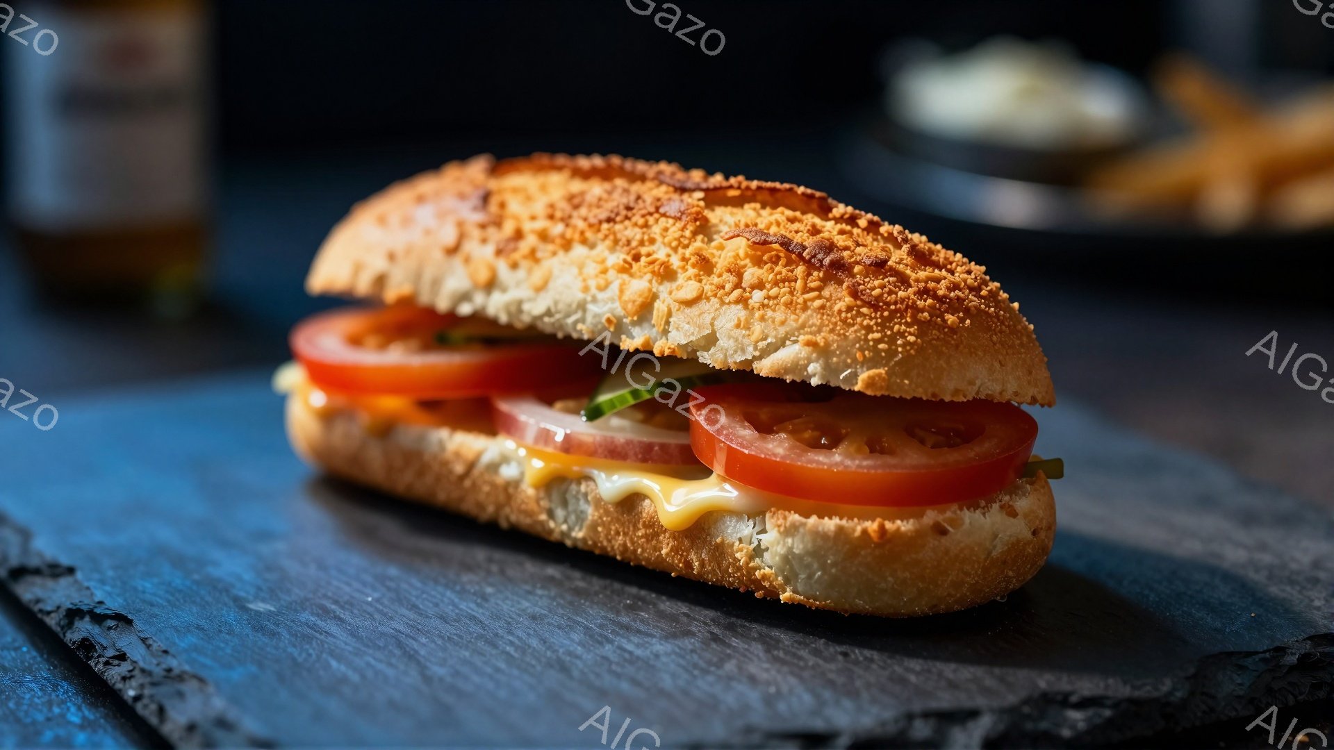 焼き色のついたパンに、トマト、チーズ、レタスが挟まれたサンドイッチが、黒い石板のような台の上に置かれている。背景には、フライドポテトとソースが入った瓶がぼんやりと見える。全体的に暗い照明で、サンドイッチが美味しそうに強調されている。