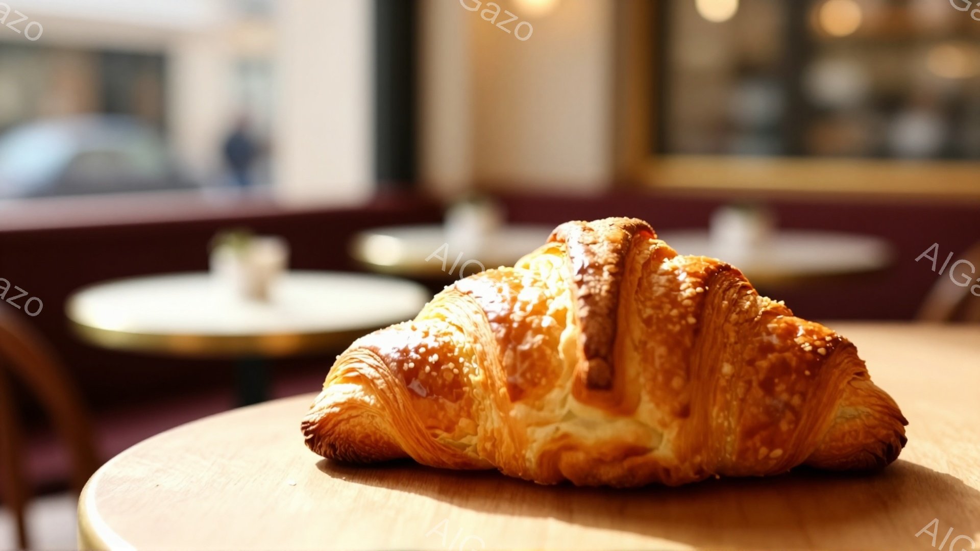 画像は、木製のテーブルの上に置かれた、焼き色のついたクロワッサンを捉えています。クロワッサンは層状になっており、表面には粗塩が散りばめられています。背景には、ぼやけたカフェのインテリアが見え、暖かく穏やかな雰囲気が漂っています。