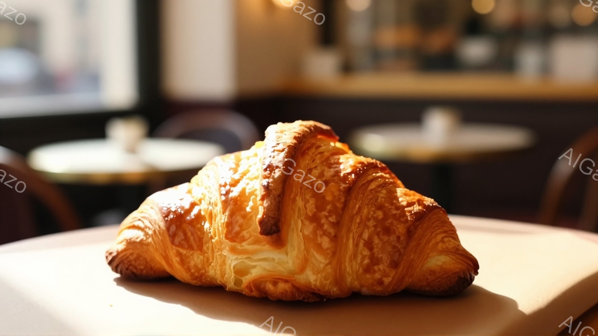 焼き色のついたクロワッサンが、白い紙の上で光を受けて輝いている。層がはっきりと見える生地は、サクサクとした食感を想像させ、バターの香りが漂ってくるようだ。背景には、ぼやけたカフェの様子が見え、温かく落ち着いた雰囲気が漂っている。