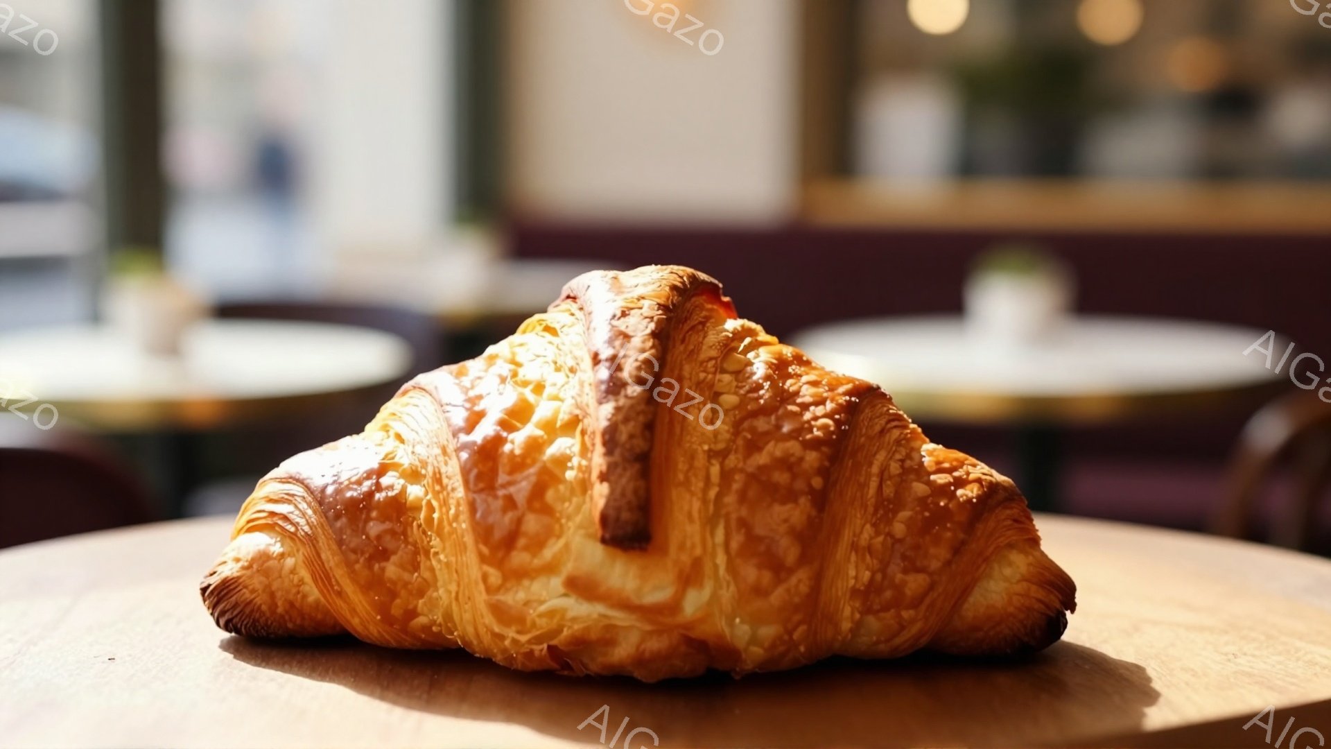 表面が黄金色に輝くクロワッサンが木製のテーブルの上に置かれている。クロワッサンは層状になっており、サクサクとした食感が想像される。背景にはぼやけたカフェの様子が見え、暖かく穏やかな雰囲気が漂っている。