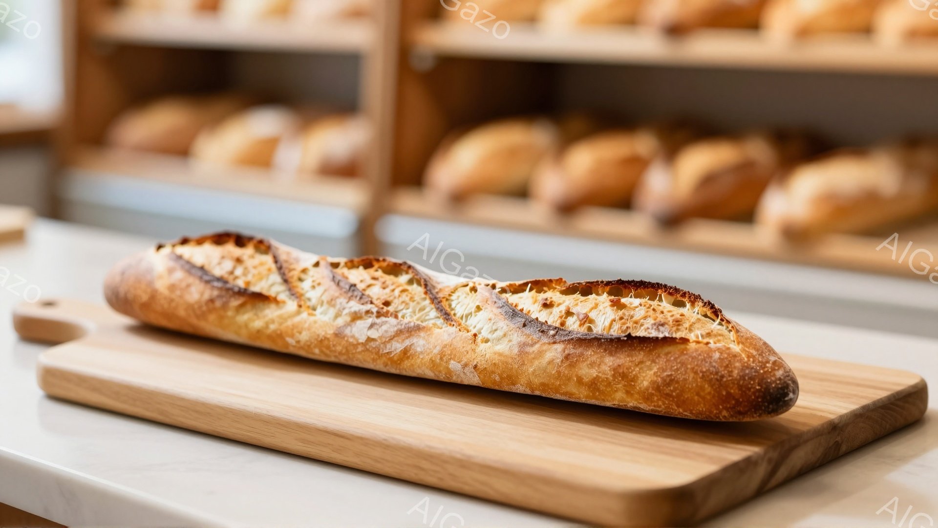 長いフランスパンが木製のカッティングボードの上に置かれています。パンは黄金色でカリッとした外観で、ところどころに焦げ目がついています。背景には、同じようなフランスパンが並んだ棚が見え、パン屋かカフェの - AI生成フリー素材
