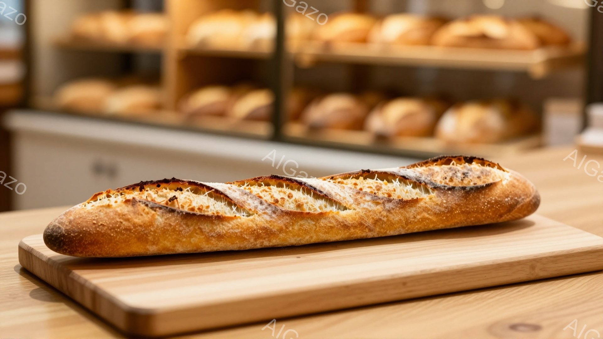長いフランスパンが木製の板の上に置かれています。パンの表面は黄金色で、ところどころに焦げ目がつき、カリッとした食感を想像させます。背景には様々なパンが並んだショーケースが見え、パン屋さんの様子を表しています。