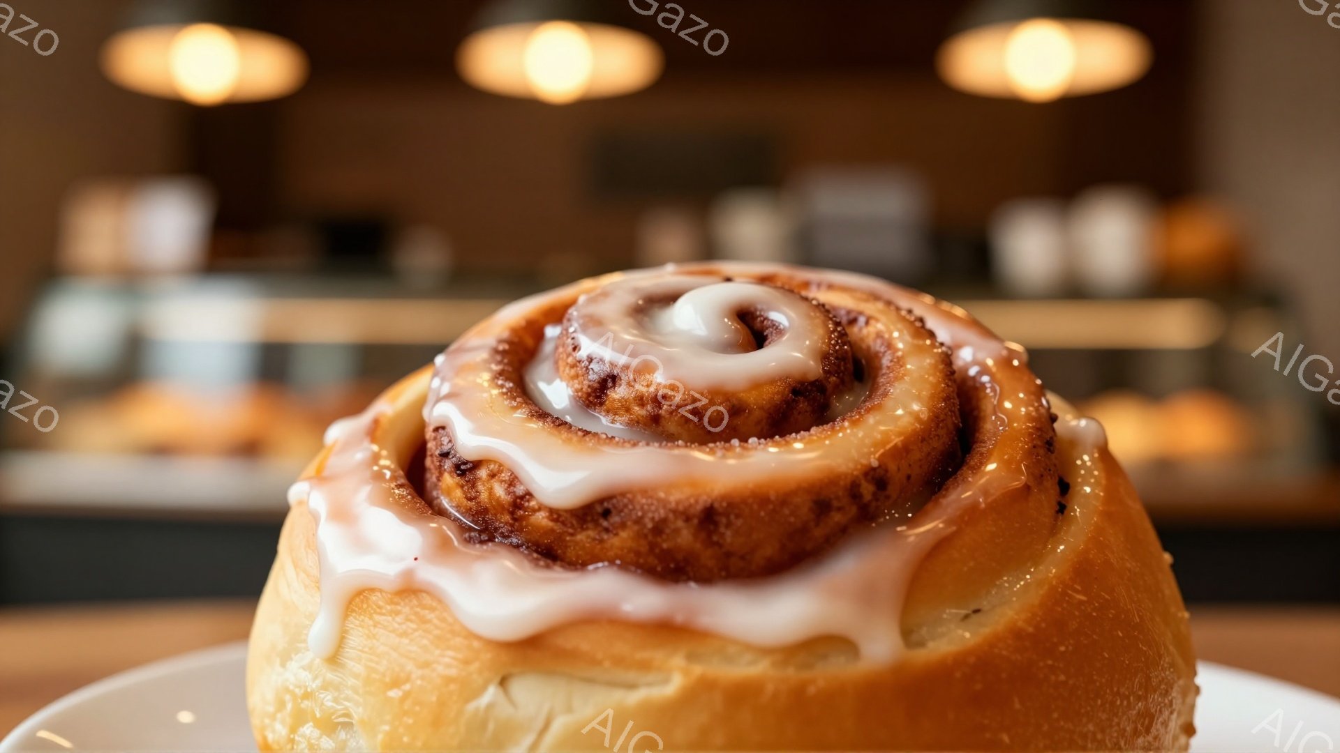 焼き立てのシナモンロールが、白い皿の上で大きくクローズアップされている。キャラメル色の生地に白いアイシングがたっぷりとかけられ、甘くて温かい雰囲気が伝わってくる。背景はぼやけており、カフェのような場所で撮影されたことを示唆している。