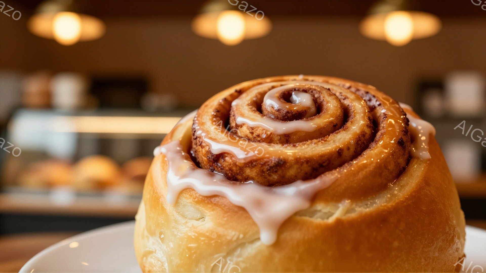 焼き立てのシナモンロールが、白い皿の上に大きく映っています。ロールの表面にはアイシングがたっぷりとかけられ、温かい焼き色が食欲をそそります。背景には、ぼやけた店舗の様子が見え、全体的に暖かく、居心地の - AI生成フリー素材