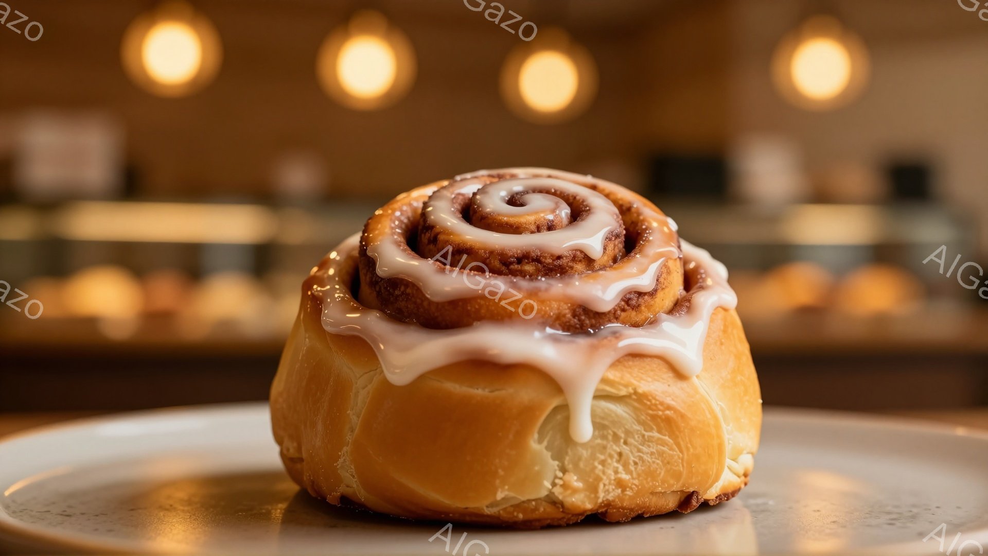 焼き立てのシナモンロールが、白っぽい皿の上に置かれています。アイシングがたっぷりとかけられ、渦巻く模様が美味しさを際立たせています。背景はぼやけていますが、暖色系の照明が柔らかくシナモンロールを照らし - AI生成フリー素材