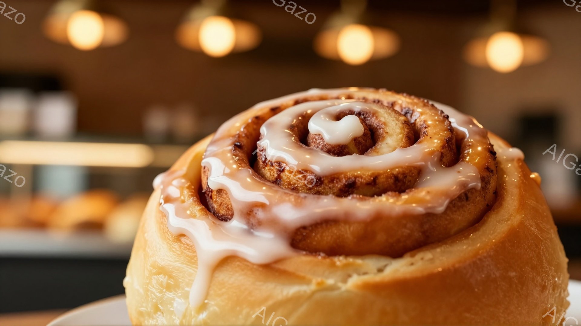 焦点は、白く甘いアイシングがたっぷりとかかったシナモンロールです。ふっくらとした生地が渦巻いており、焼き色が食欲をそそります。背景はぼやけており、暖色系の照明が、ロールケーキの暖かく心地よい雰囲気をさらに引き立てています。