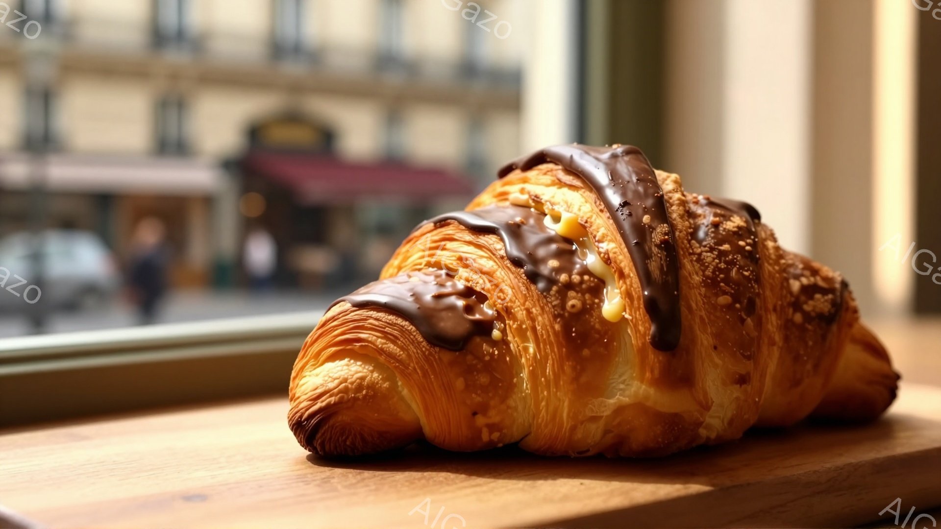 焼き立てのクロワッサンが木製のテーブルの上に置かれ、チョコレートソースと砕いたナッツがトッピングされています。背景にはぼやけた街並みが見え、窓からの光が柔らかくクロワッサンを照らしています。全体的に、温かく、おいしそうな、静かなカフェの雰囲気が漂っています。