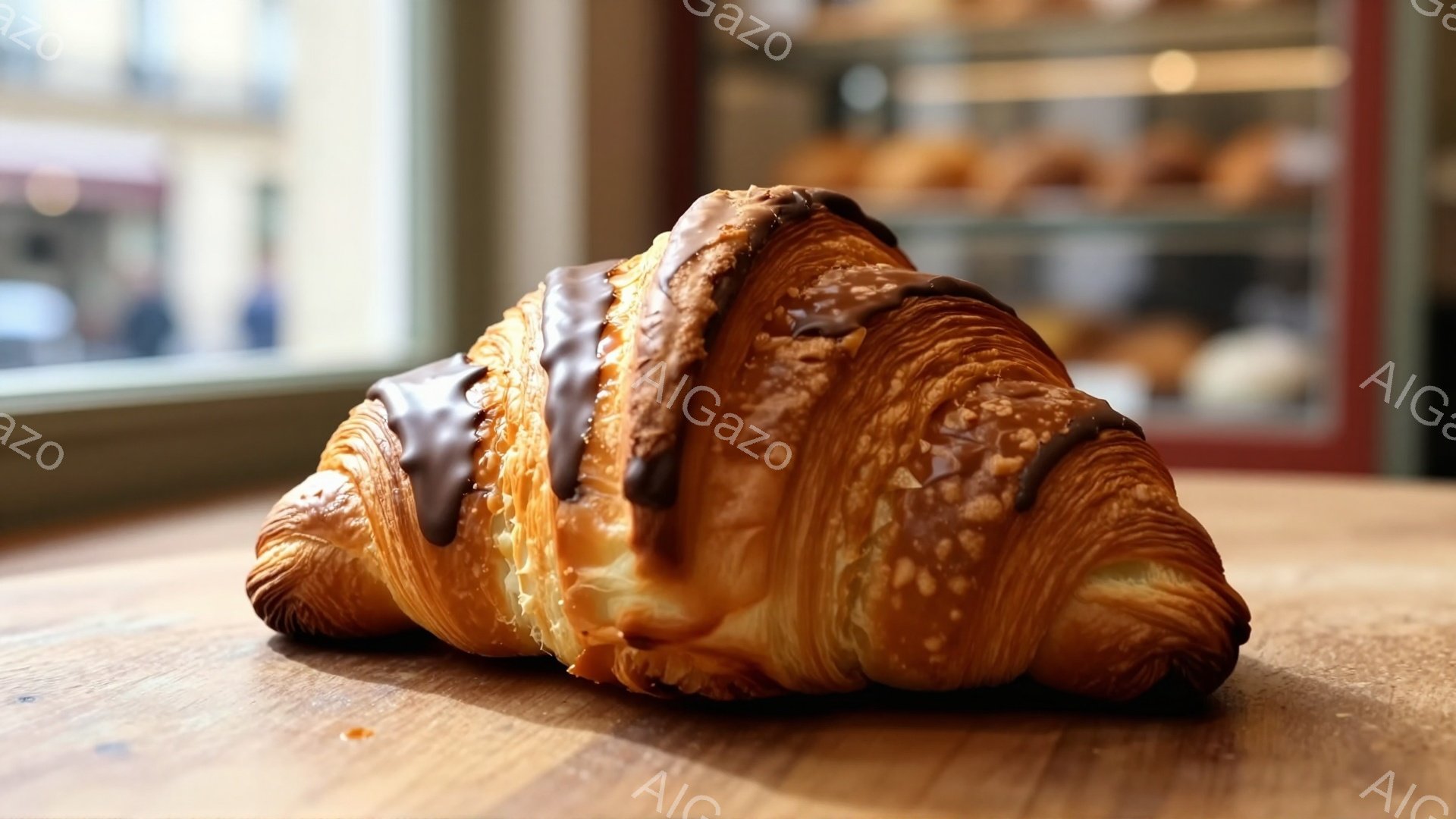焼き色のついたクロワッサンが木製のテーブルの上に置かれており、表面にはチョコレートのソースがかけられています。クロワッサンの層がはっきりと見え、サクサクとした食感が想像できます。背景には、ショーケースの中に並んだパンが見え、カフェのような暖かい雰囲気が漂っています。