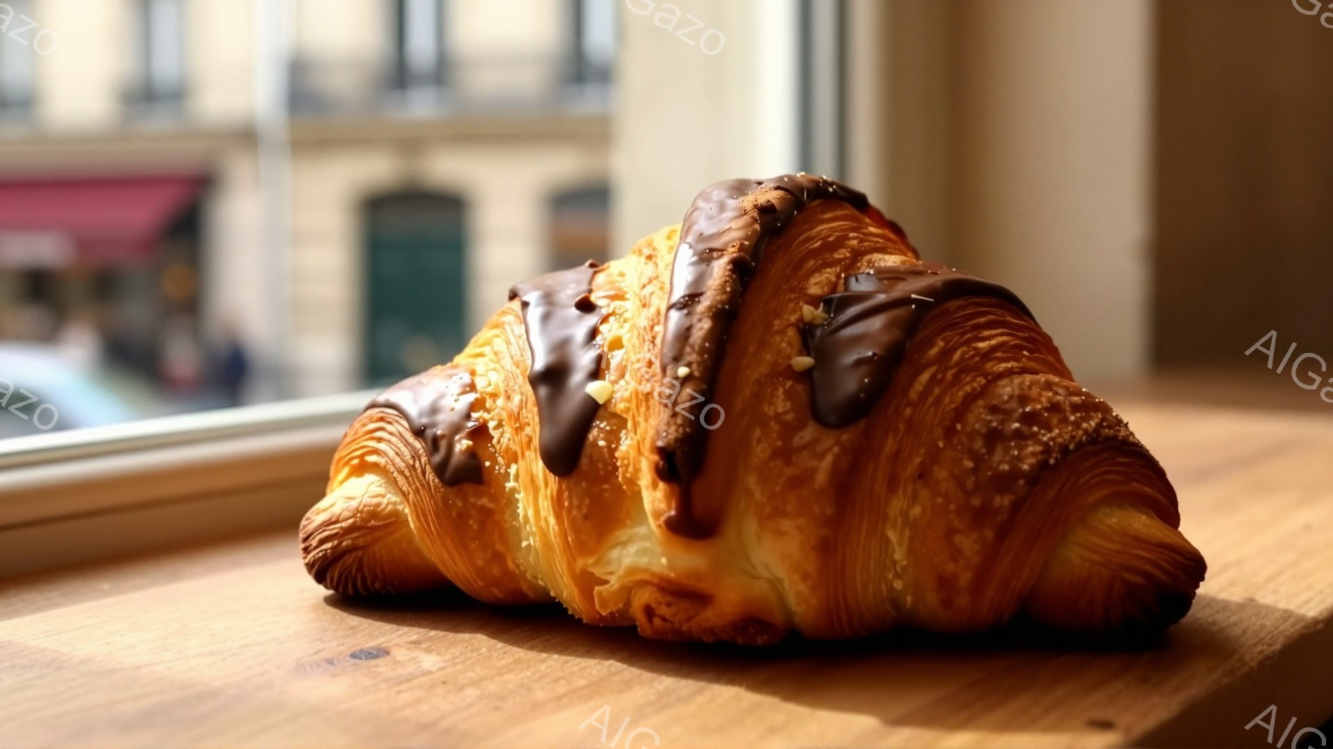 黄金色に輝くクロワッサンに、こっくりとしたチョコレートがたっぷりとかけられています。背景には窓の外の建物が見え、明るい光が差し込み、温かい雰囲気を醸し出しています。パリッとした生地とチョコレートの組み合わせが、食欲をそそる様子が伝わってきます。