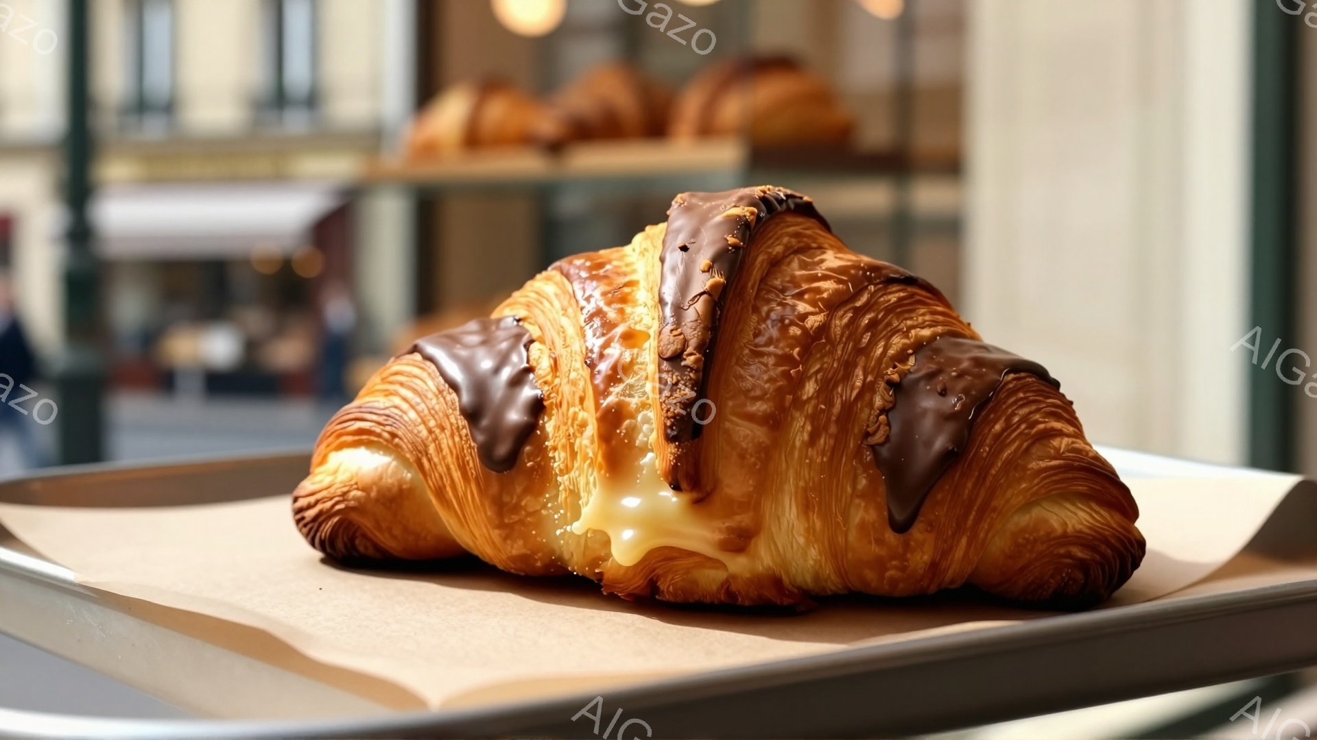 焼き色のついたクロワッサンが、茶色の紙が敷かれた金属製のトレイに乗っています。クロワッサンの表面にはチョコレートソースがかけられており、中にはクリームのようなフィリングが見えます。背景にはぼやけた店の様子が見え、暖かく美味しそうな雰囲気が漂っています。