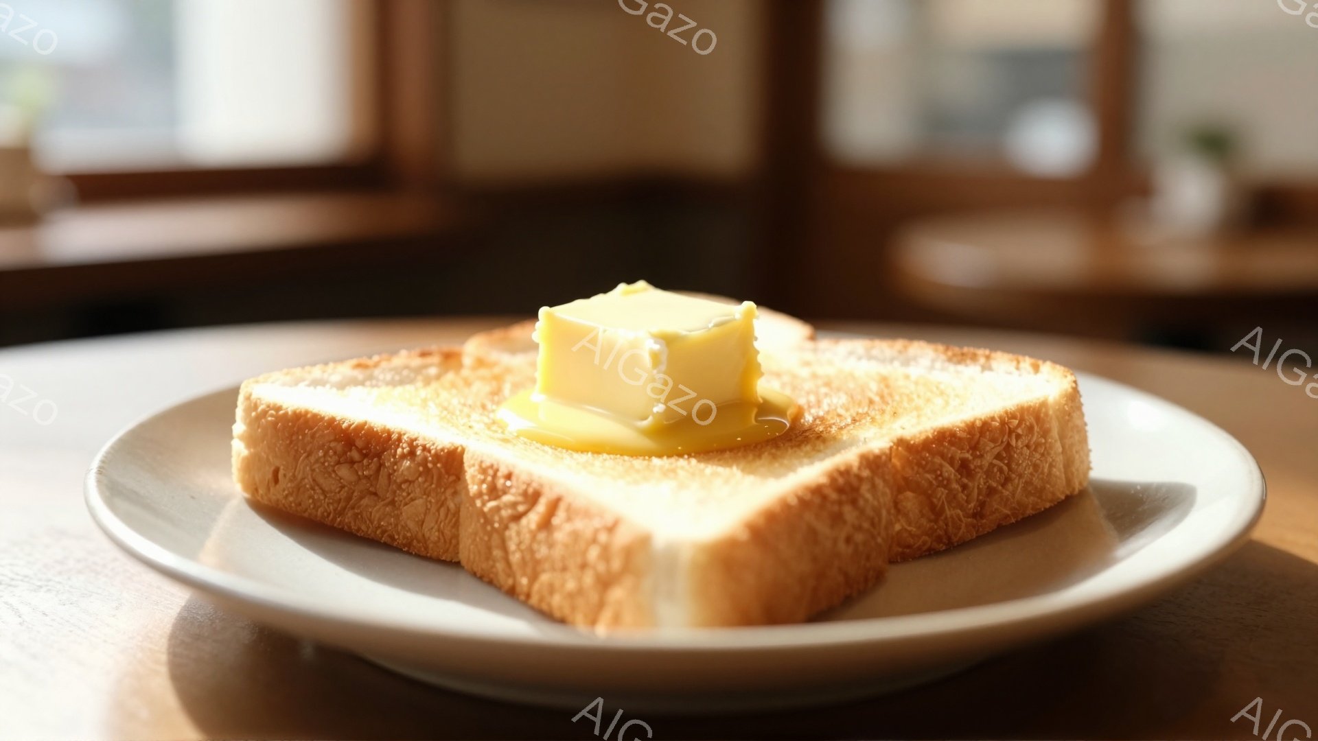 焼けたトースト一片に、溶けかけのバターが乗せられています。トーストは少し焦げ目がついており、美味しそうです。背景にはぼやけた木製の家具が見え、暖かい光が差し込んでおり、落ち着いた雰囲気です。