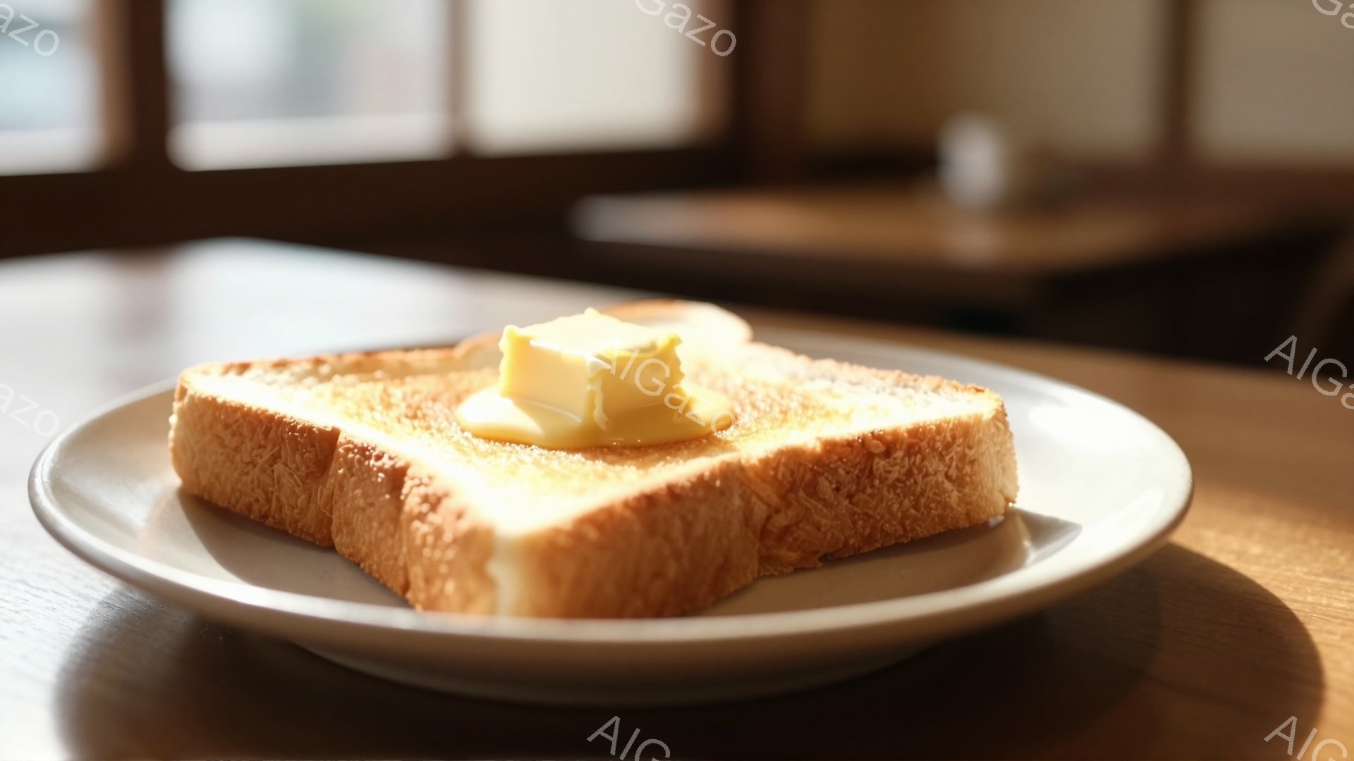 焼き上がったトーストが白い皿に乗っており、その上に溶けたバターがたっぷりとのっています。背景には木製のテーブルと、ぼやけた窓からの自然光が見え、温かく穏やかな雰囲気が漂っています。シンプルな構図ですが、バターの照りやトーストの焼き色が食欲をそそります。
