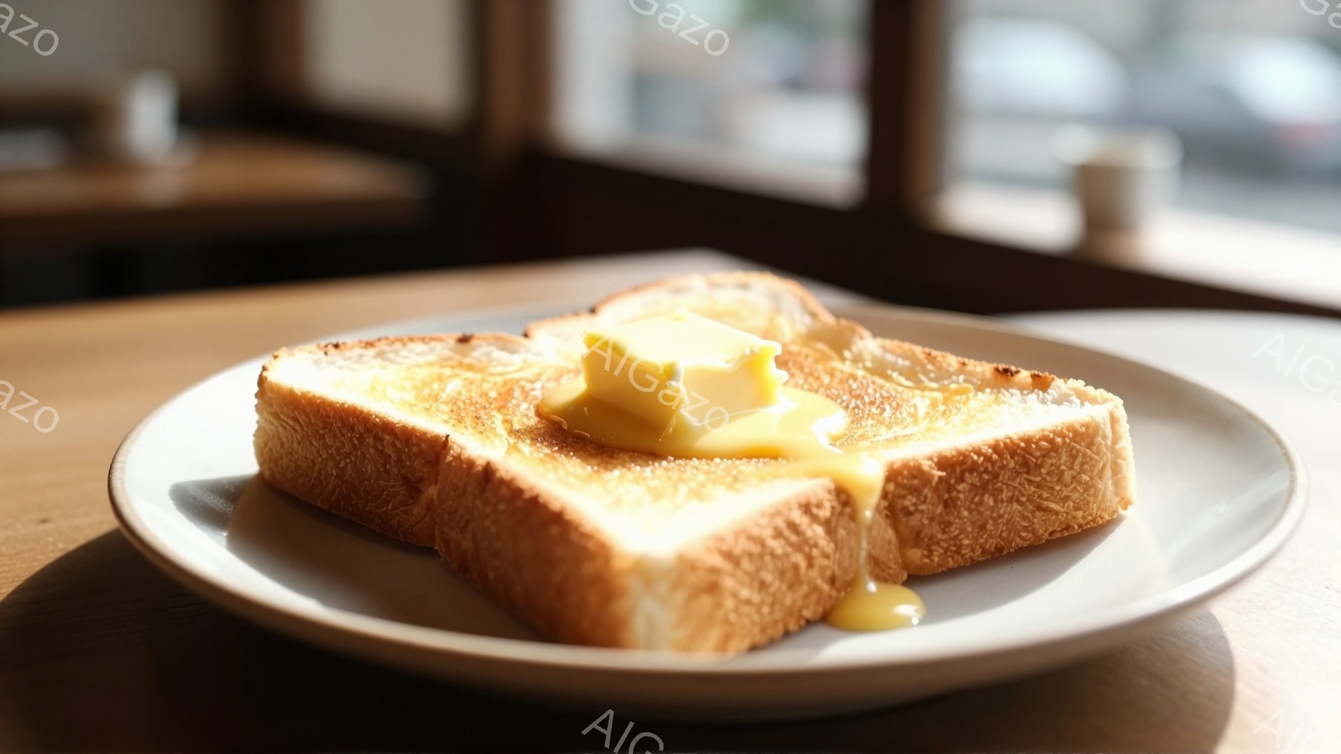 焼けたトースト2切れが白い皿に載っており、その上に溶けたバターがたっぷりとかかっている。背景にはぼやけた窓と、テーブルの木目が確認できる。全体的に暖かく、家庭的な雰囲気が漂っている。