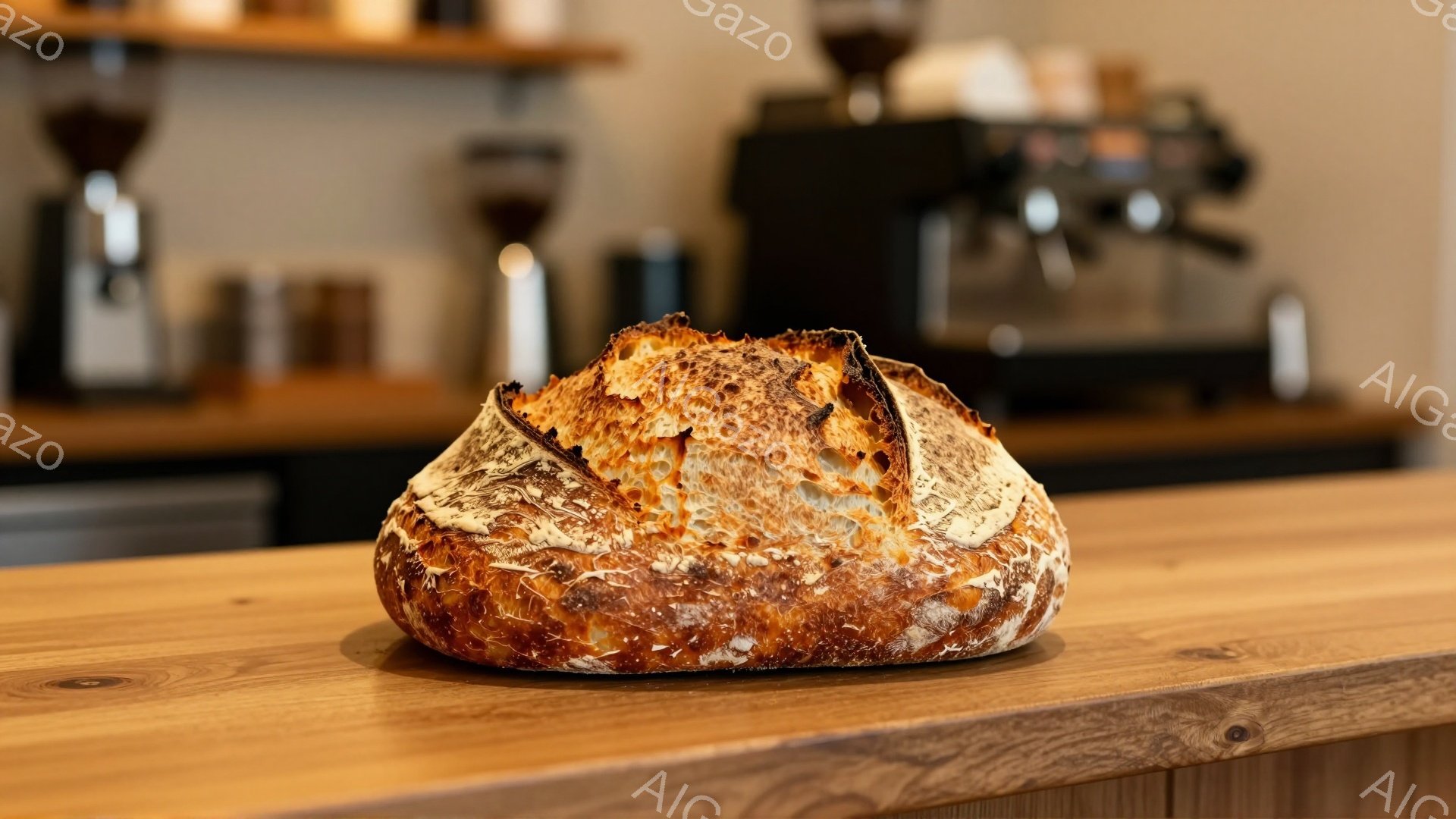 焼き色のついたパンが、木製のカウンターの上に置かれている。パンの表面は、ひび割れており、焼きたての香ばしさが感じられる。背景には、コーヒーミルやエスプレッソマシンがぼんやりと見え、カフェのような雰囲気 - AI生成フリー素材