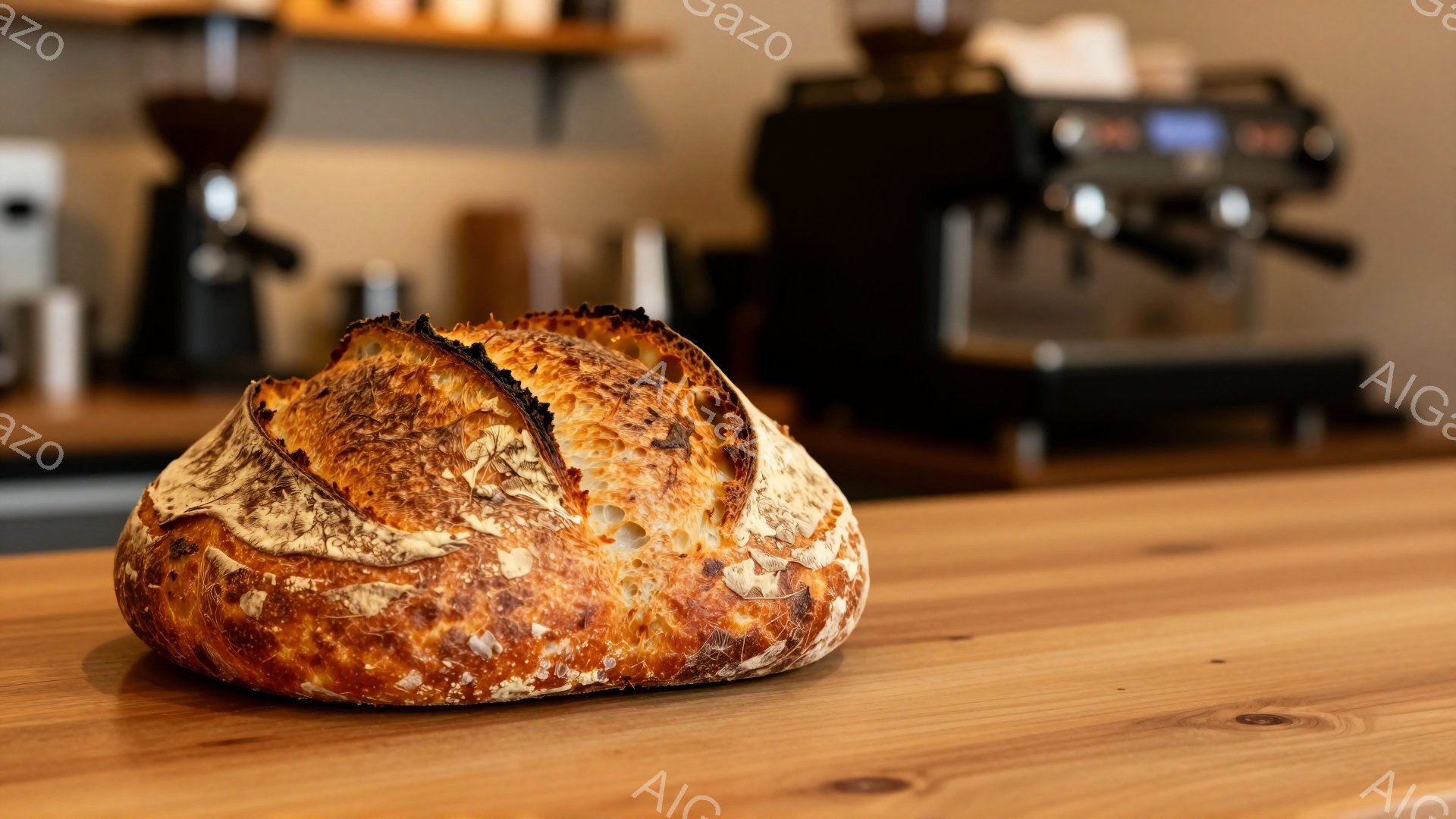 焼きたてのパンが木製のテーブルの上に置かれています。パンは表面が美しく焼き色が付いており、クラストのひび割れが特徴的です。背景にはエスプレッソマシンと他のコーヒー器具が見え、カフェやベーカリーの店内を連想させる暖かい雰囲気です。