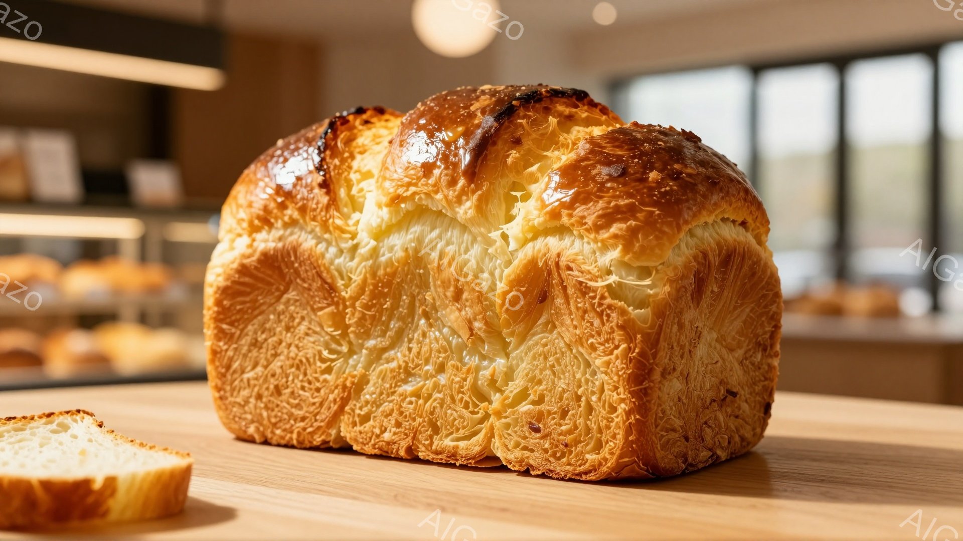 焼き色のついた、層状のパンが木製の板の上に置かれています。パンの一部が切り取られて隣に置かれ、パンの内部のふわふわとした食感が分かります。背景にはパン屋のショーケースとぼやけた窓が見え、暖かく居心地の良い雰囲気が漂います。