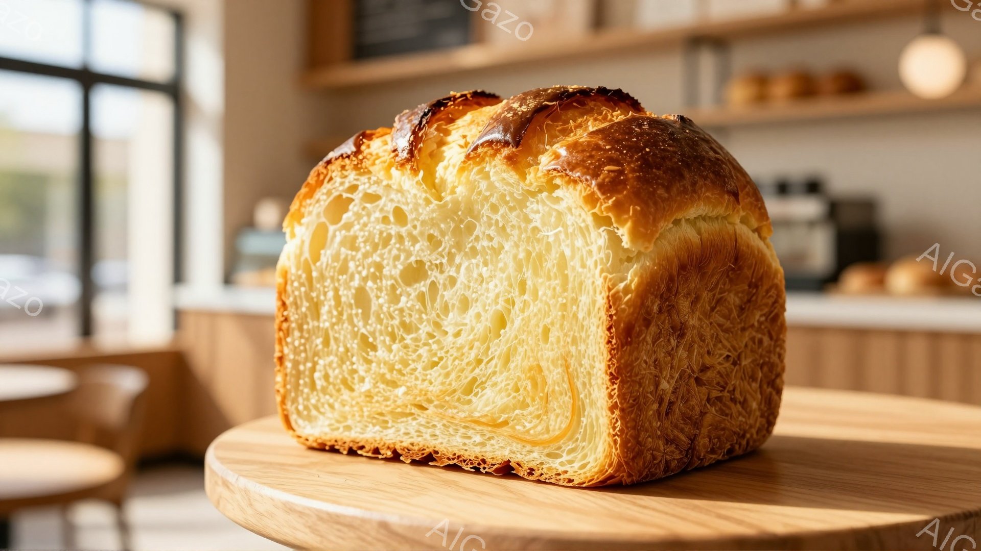 スライスされたパンが木製の円盤の上に置かれています。パンは黄金色で、内部は気泡が多く、ふっくらとしています。背景にはカフェのカウンターやショーケースが見え、明るく温かい雰囲気が漂っています。