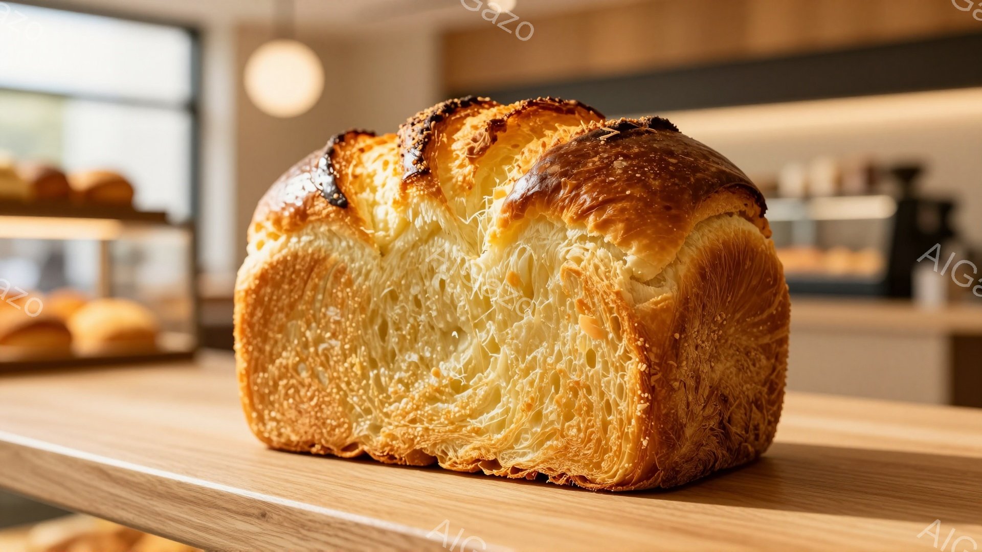 画像は、切り開かれたパンの一切れを捉えたクローズアップ写真です。パンは外側が黄金色に焼き上げられ、内部はふわふわとした気泡で満たされています。背景にはぼやけたパン屋のショーケースが見え、温かみのある雰囲気が漂っています。