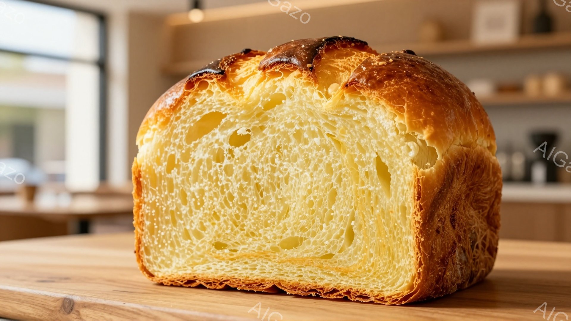 焼きたてのパンの一切れが、木製のテーブルの上に置かれている。パンは外側が黄金色に焼き上げられ、内側はふっくらとした穴の空いた生地で、非常に美味しそうに見える。背景にはカフェのような空間がぼやけており、暖かく居心地の良い雰囲気を醸し出している。