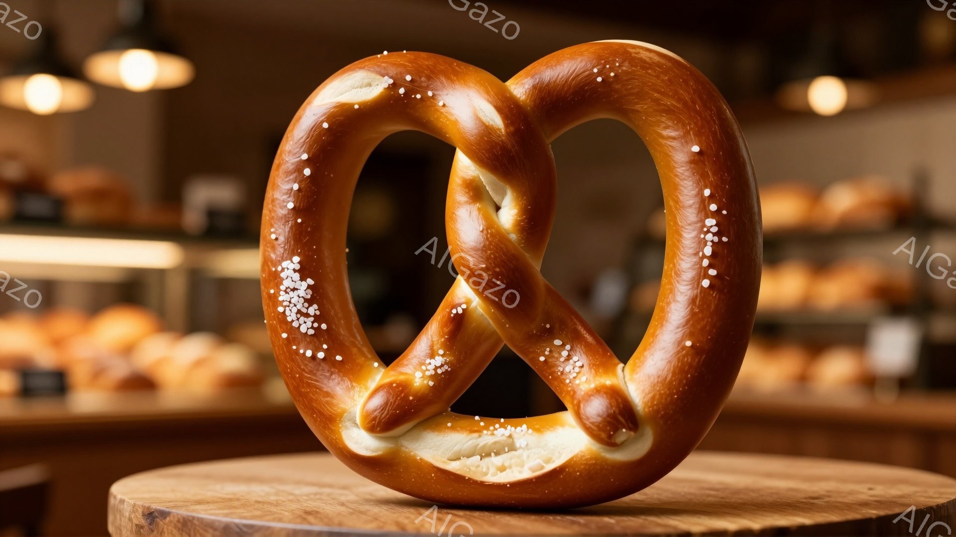 大きなプレッツェルが木製の台の上に置かれている。プレッツェルの表面には粗塩が散りばめられ、温かみのある茶色い色合いが食欲をそそる。背景にはぼやけたパン屋の様子が見え、暖かく落ち着いた雰囲気を感じさせる。