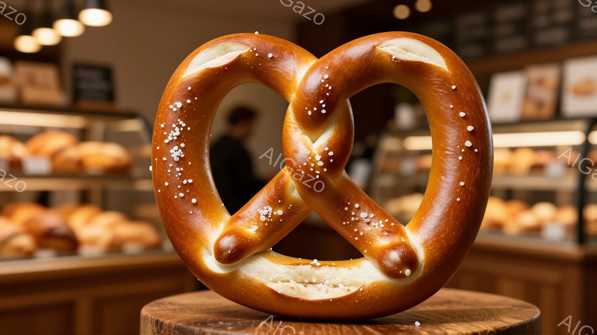 画像には、木製の台の上に置かれた大きなプレッツェルが写っています。プレッツェルは濃い茶色で、粗塩が表面に散りばめられており、焼きたての香ばしさが感じられます。背景には、様々なパンが並んだショーケースと - AI生成フリー素材