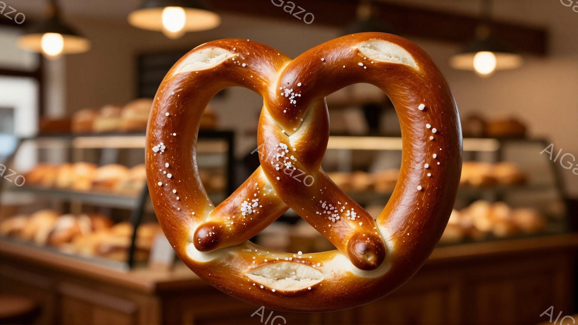 巨大なプレッツェルが画面の中心にあり、茶色く焼きあがった生地に粗塩が散りばめられています。背景には、様々なパンが並んだショーケースが見え、明るい照明がプレッツェルの食欲をそそる様子を強調しています。全 - AI生成フリー素材