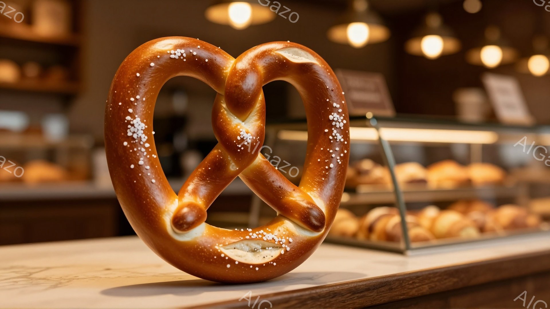 画像には、塩がふりかかった大きなプレッツェルが白いカウンターの上に置かれています。背景には、様々なパンが並んだショーケースが見え、暖かく落ち着いた雰囲気です。プレッツェルの焦げ茶色の外観と塩の白い粒が際立ち、食欲をそそります。