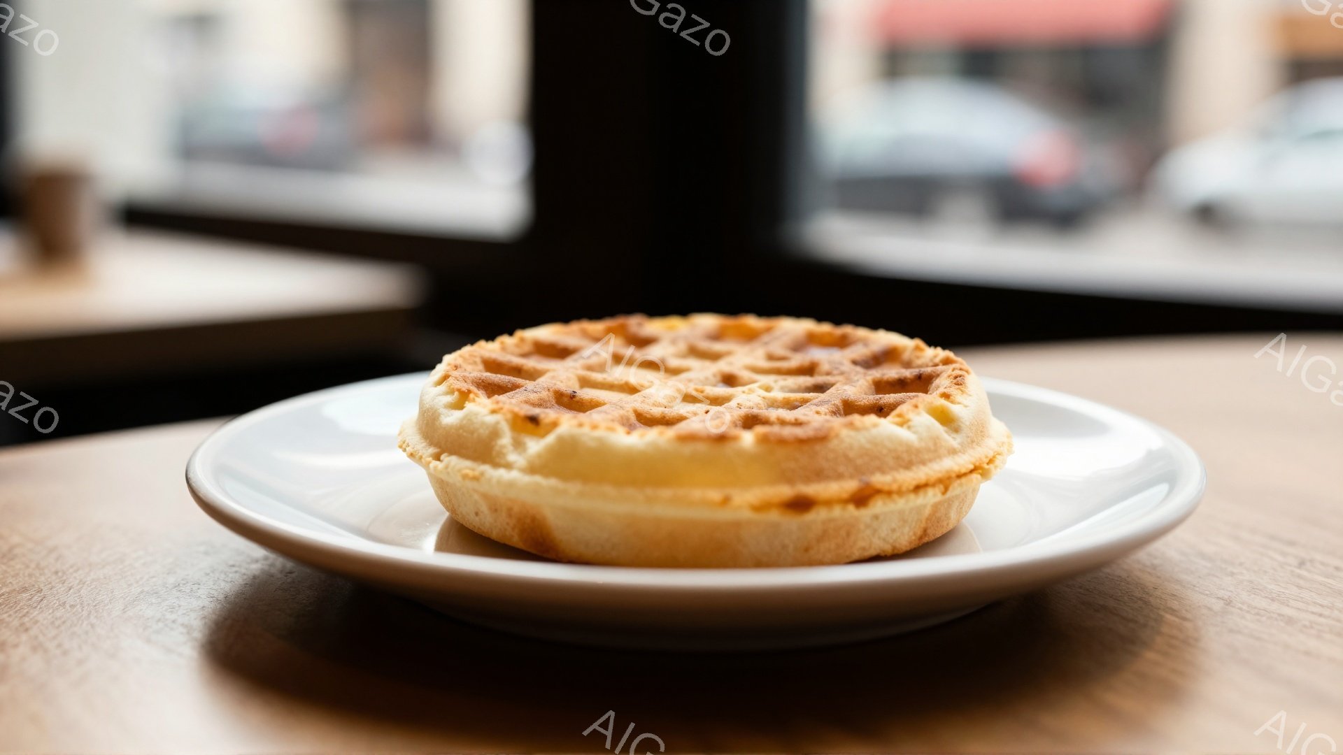 白い皿の上に、温かそうなワッフルが置かれています。ワッフルは黄金色で、表面には美しい焼き目がついており、美味しそうです。背景にはぼやけた街並みが見え、カフェのような落ち着いた雰囲気が漂っています。