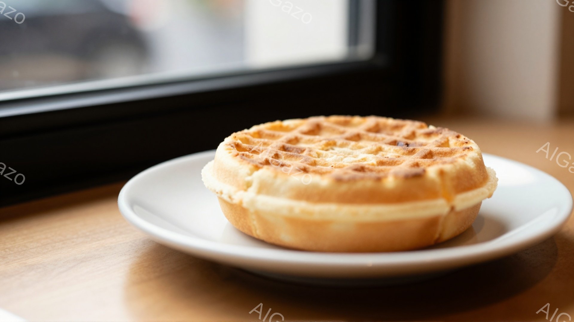 白い皿の上に、焼き色が薄くついたワッフルサンドが置かれています。ワッフルの間にはクリームが挟まっており、甘くて美味しそうな印象を与えます。背景には木製のテーブルと窓が見え、明るく穏やかな雰囲気が漂っています。