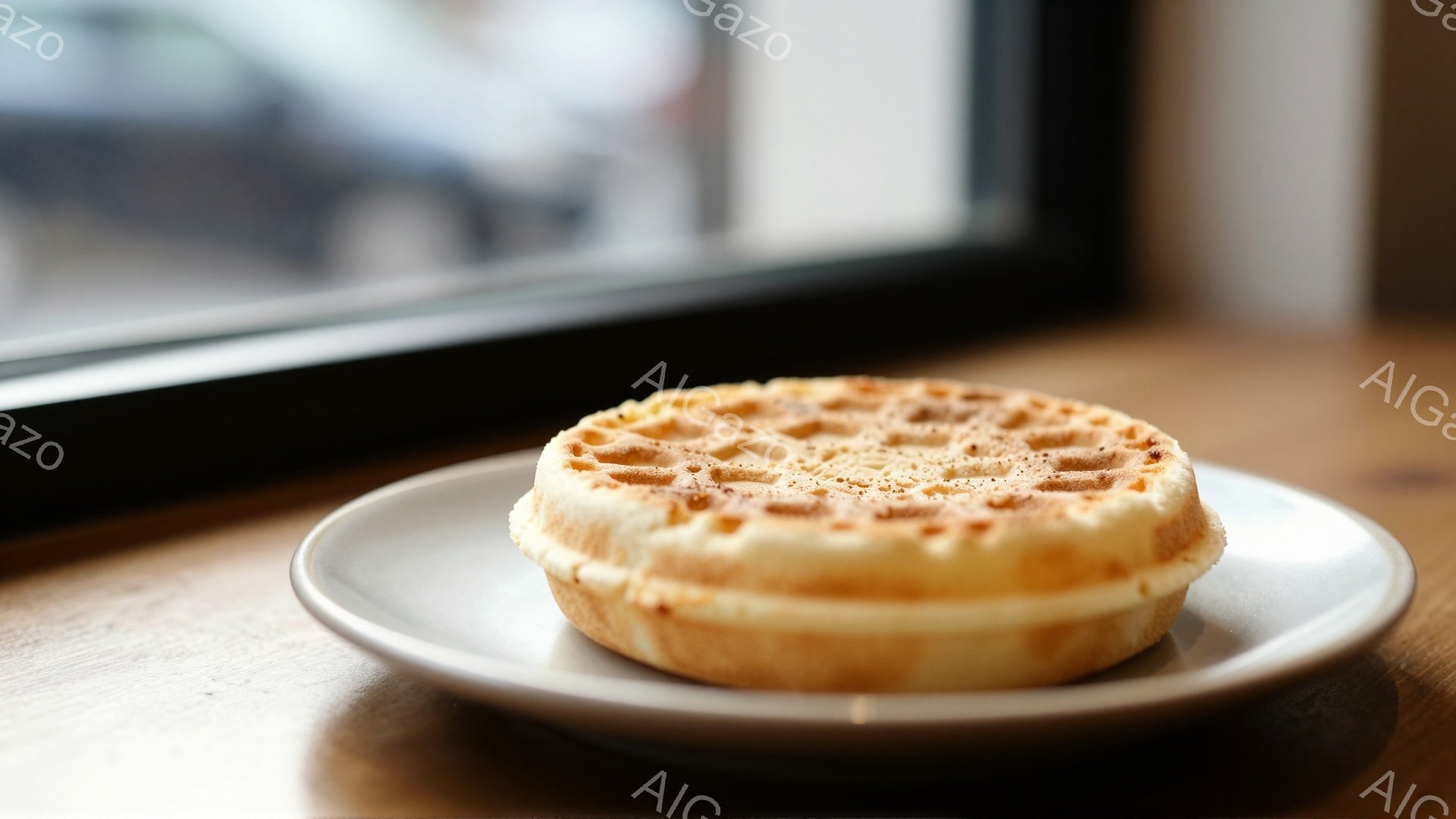 焼き色が薄い、丸いワッフルが白い皿に乗っています。背景には木製のテーブルとぼやけた窓が見え、光が差し込んでいます。全体的に、シンプルで温かみのある、朝食やカフェの雰囲気が漂っています。