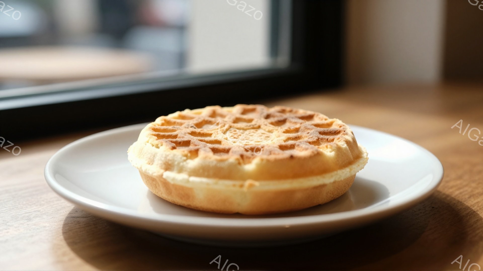 白い皿の上に、焼き色のついたワッフルが一つ置かれています。ワッフルの表面は格子状になっており、外側はカリッとした食感を想像させます。背景には木製のテーブルと窓が見え、自然光が差し込み、温かく穏やかな雰囲気が漂っています。
