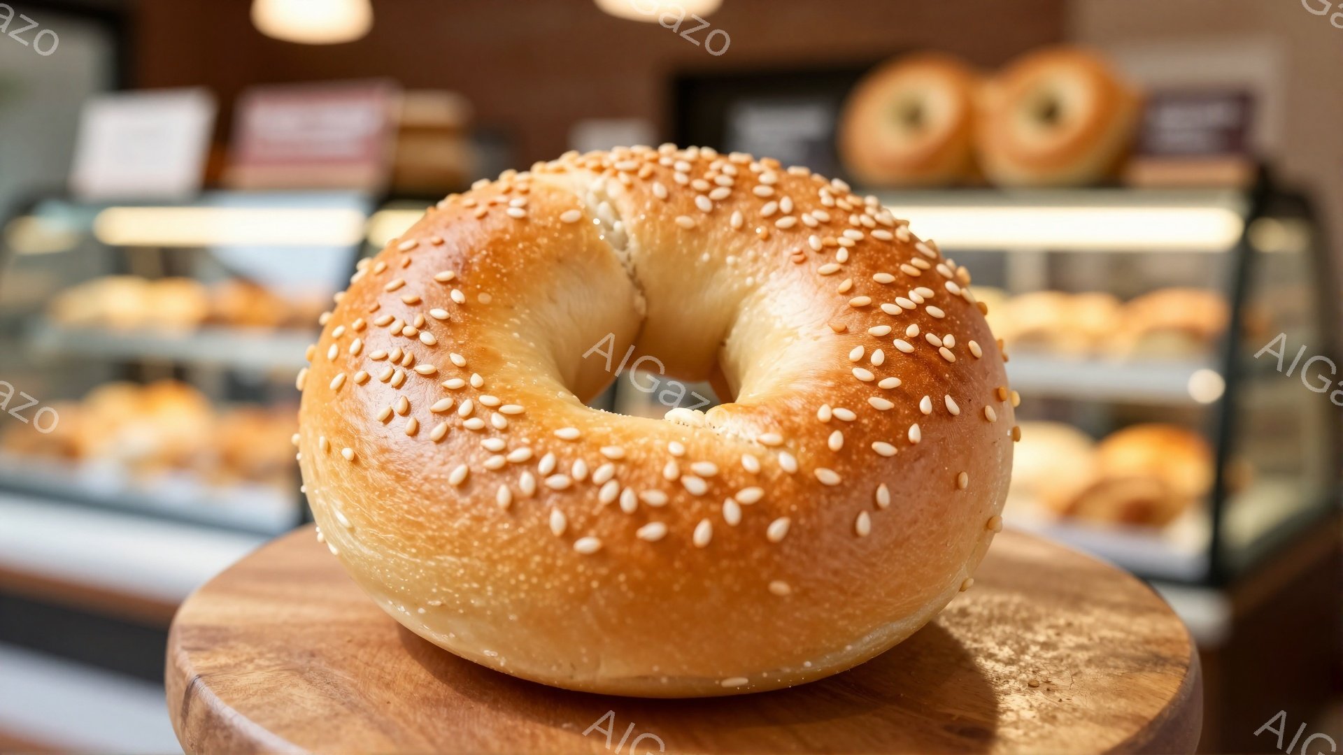 画像は、ケシの実が散りばめられた、温かそうな焼き色のベーグルを捉えています。ベーグルは木製の台座に置かれており、背後には様々なパンが並んだショーケースが見えます。全体的に、ベーカリーの温かく、食欲をそそる雰囲気が漂っています。