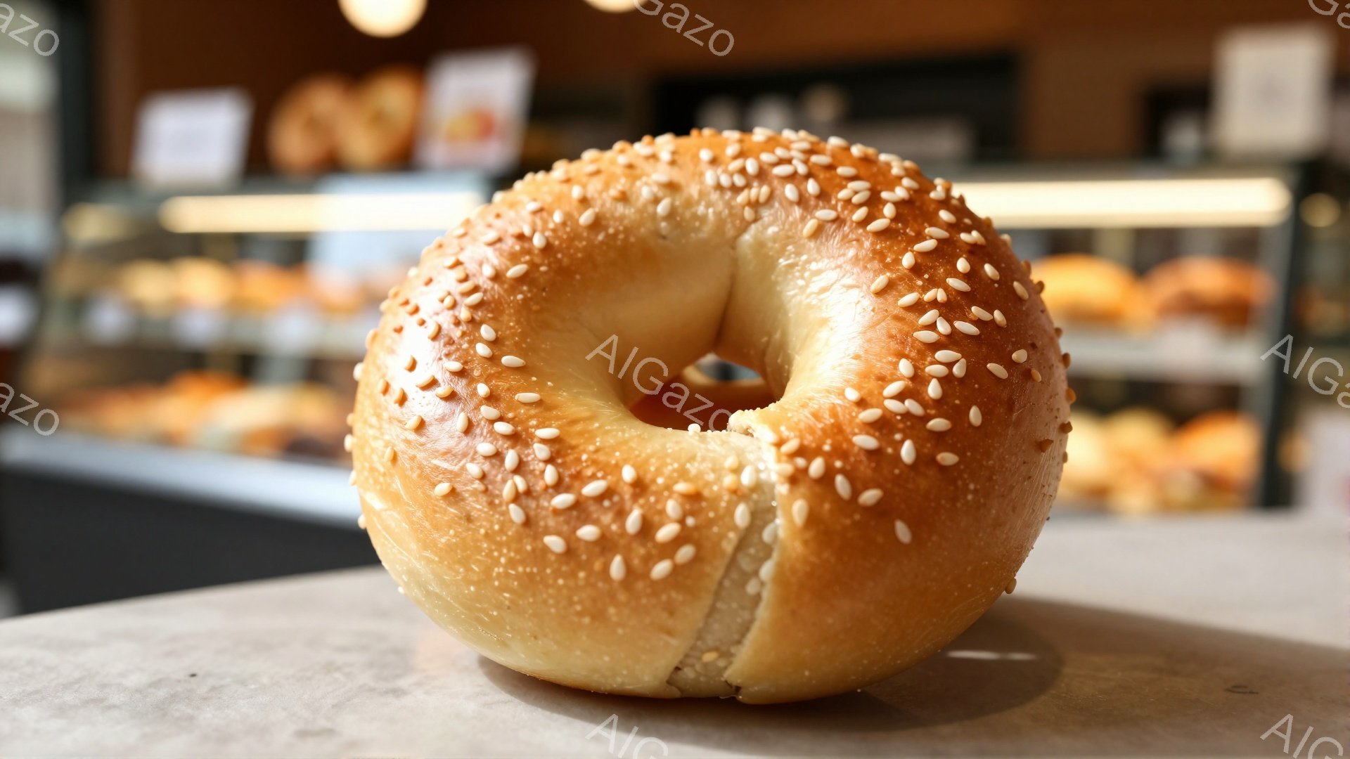 画像は、白ごまがたっぷりとかかった、焼き色のついたベーグルが写っている。ベーグルはカウンターのような白い表面の上に置かれ、背景にはぼやけたパン屋のショーケースが見える。全体的に、暖かく、食欲をそそる雰 - AI生成フリー素材