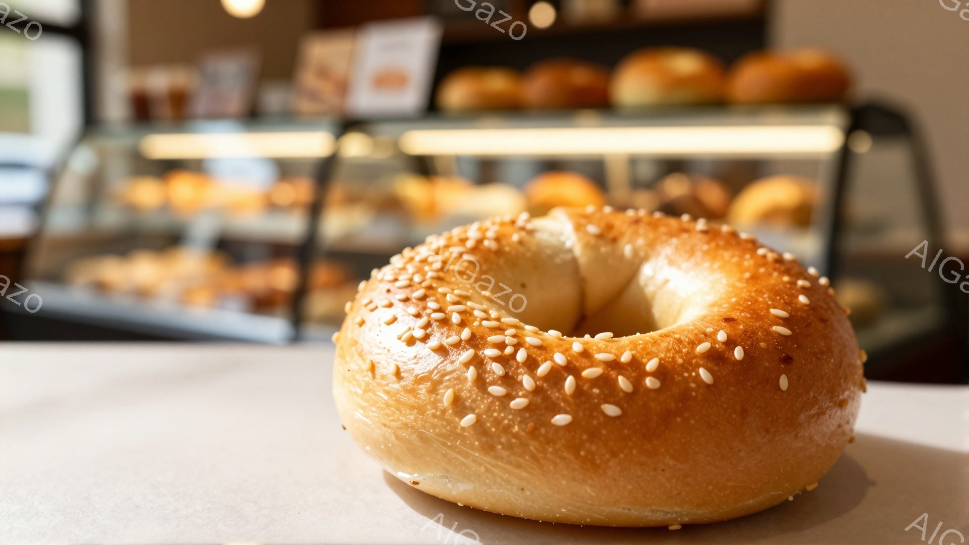 画像は、ごまが散りばめられた焼き色の良いベーグルが、白い紙の上に置かれている様子を捉えています。背景には、様々なパンが並んだショーケースがぼやけており、パン屋の内部であることがわかります。全体的に暖か - AI生成フリー素材