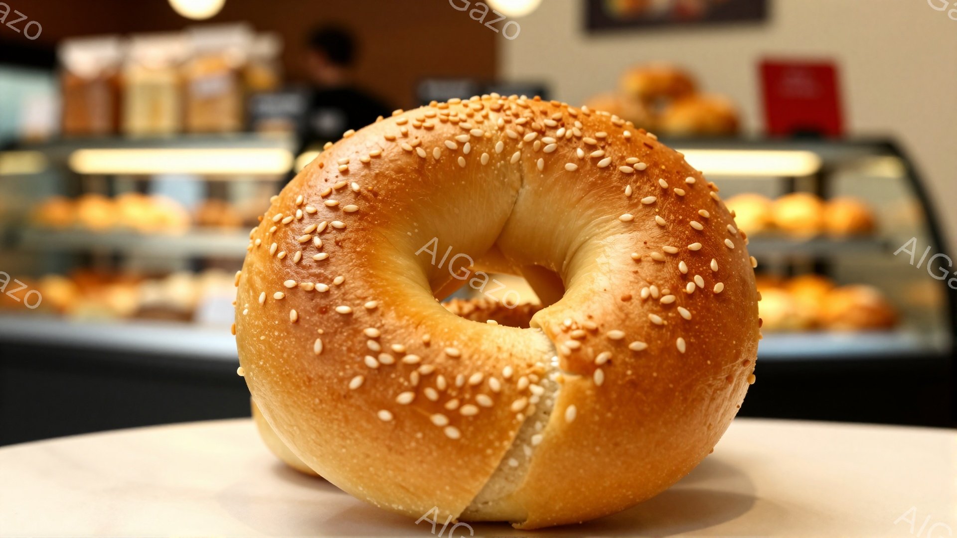 画像は、セサミシードがたっぷりとかかった、焼き色のついたベーグルが写っている。背景には、さまざまなパンが並んだショーケースが見え、ベーカリーの店内であることがわかる。全体的に暖色系の色調で、おいしそうな雰囲気である。