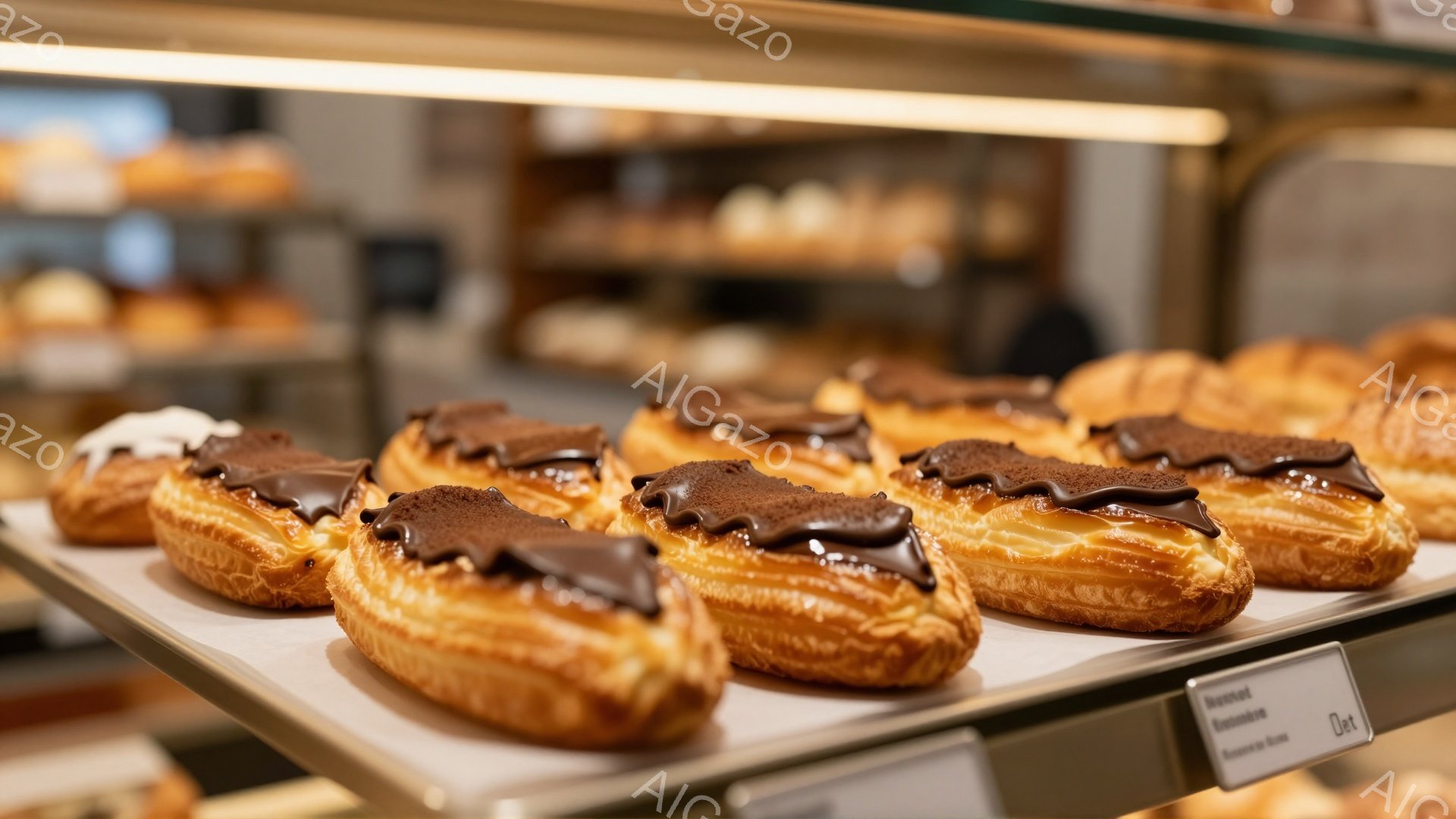 チョコレートと砕いたナッツで覆われた、サクサクしたシュークリームが、白いトレイに並べられています。背景には他の焼き菓子が見え、明るい照明がそれらを照らし出しています。全体的に、パン屋のショーケースの中という温かく、食欲をそそる雰囲気です。