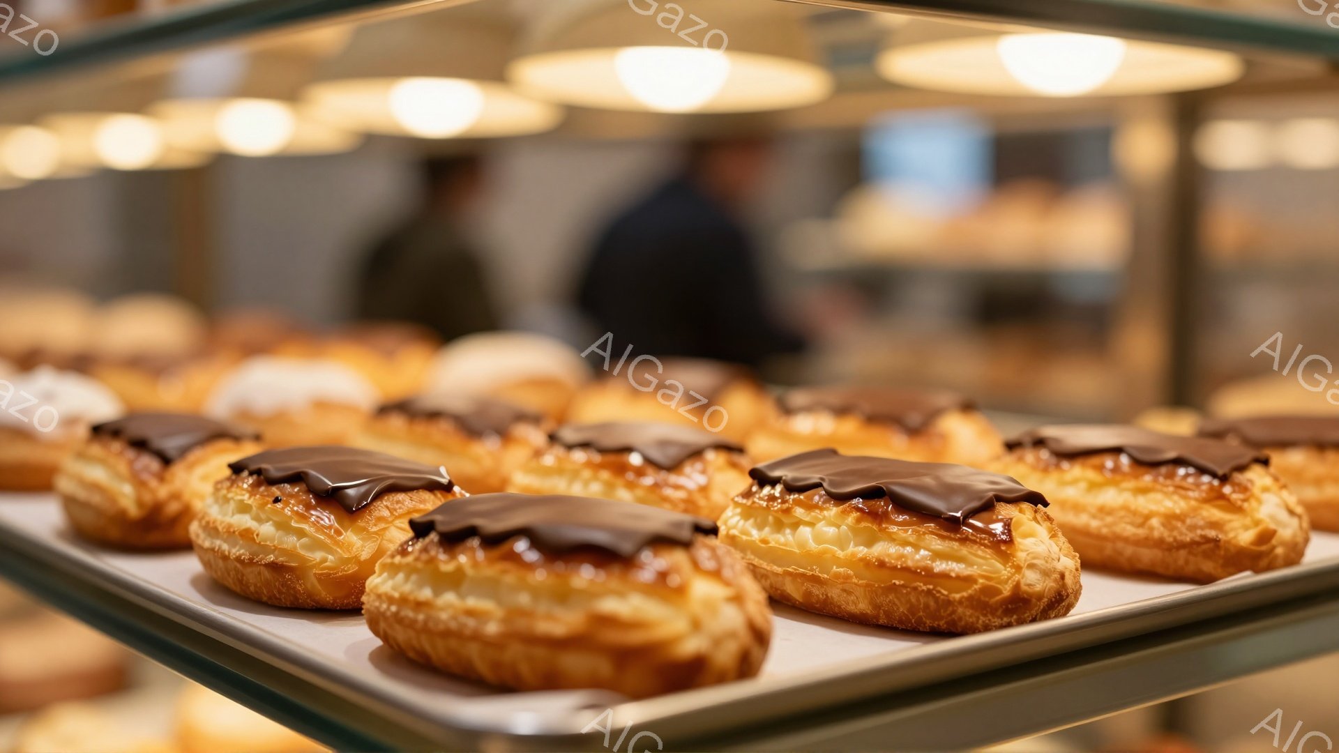 パティスリーのショーケースの中に、チョコレートがけのシュークリームが整然と並べられています。シュー生地は黄金色に輝き、チョコレートの艶やかな光沢が食欲をそそります。背景には、ぼやけた人物とショーケース - AI生成フリー素材