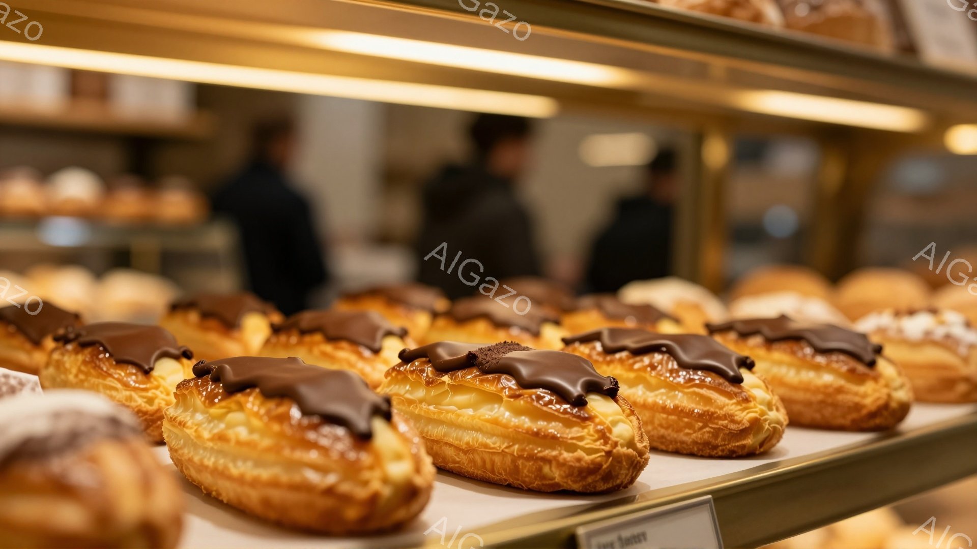 画像には、チョコレートグレーズがかかったシュークリームが棚に並んでいる様子が写っている。シュークリームは黄金色に輝き、表面にはココアパウダーが振りかけられている。背景には、ぼやけた人影が見え、ショーケ - AI生成フリー素材