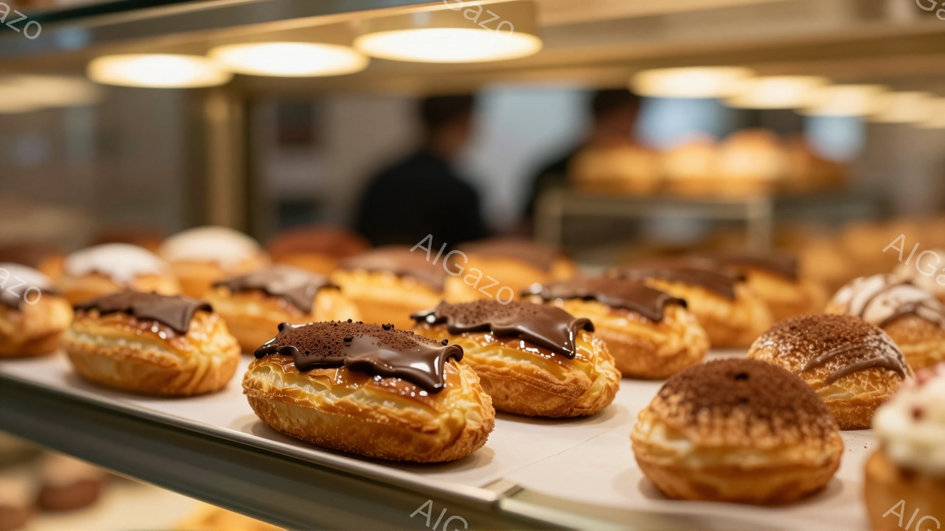 画像は、ショーケースの中に並んだクリームたっぷりのシュークリームを捉えています。シュークリームは、チョコレートや粉砂糖で覆われ、黄金色に輝く生地が特徴的です。背景にはぼやけた人物がおり、明るい照明と清 - AI生成フリー素材