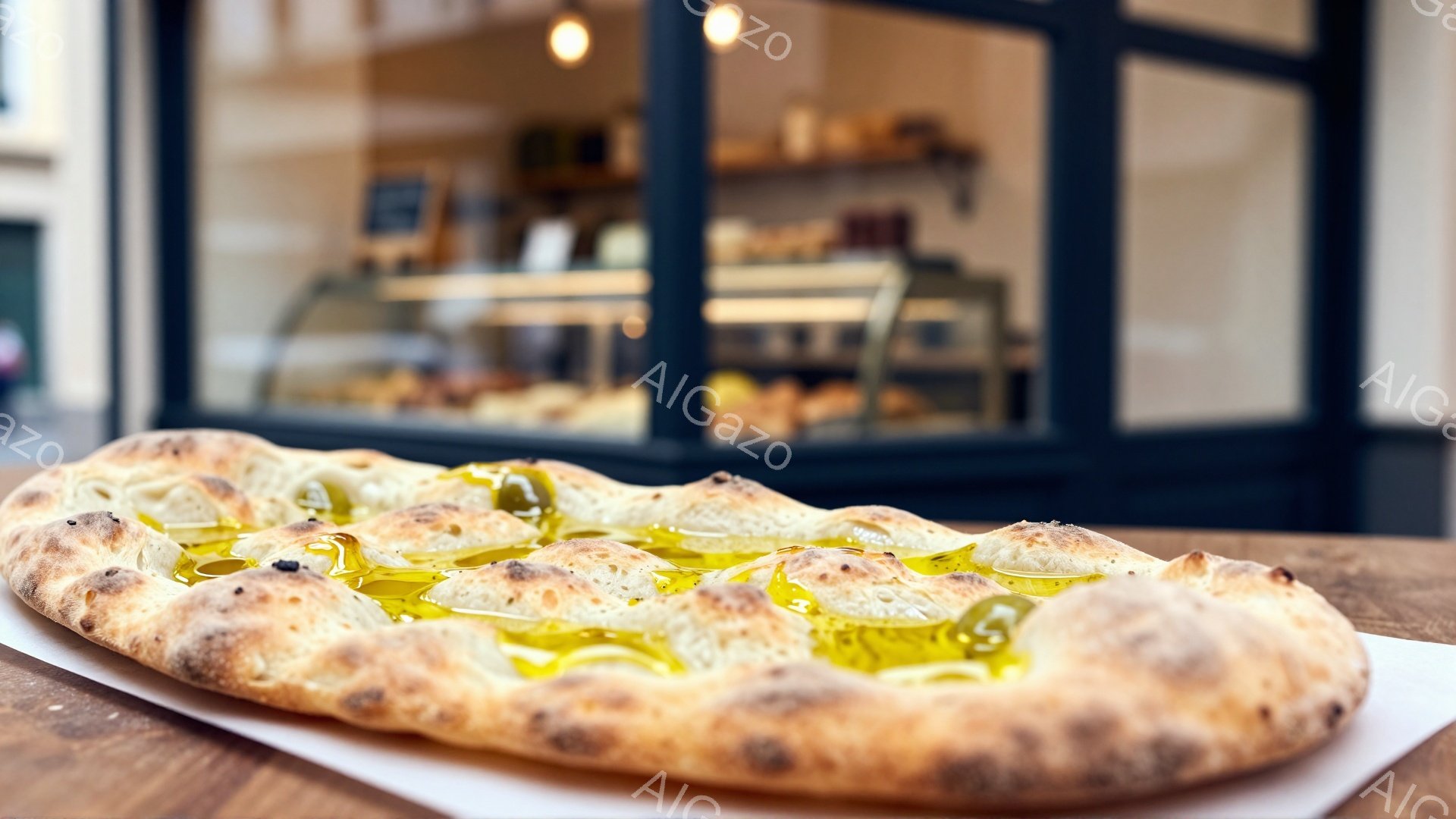 焦げ目のついたフォカッチャが、白い紙の上で木製のテーブルに置かれている。オリーブオイルが表面に滴り落ち、ハーブが散らされている。背景にはガラス張りのショーケースがあり、パンや焼き菓子が並んでいる様子がぼやけて見え、店内の様子をうかがわせる。