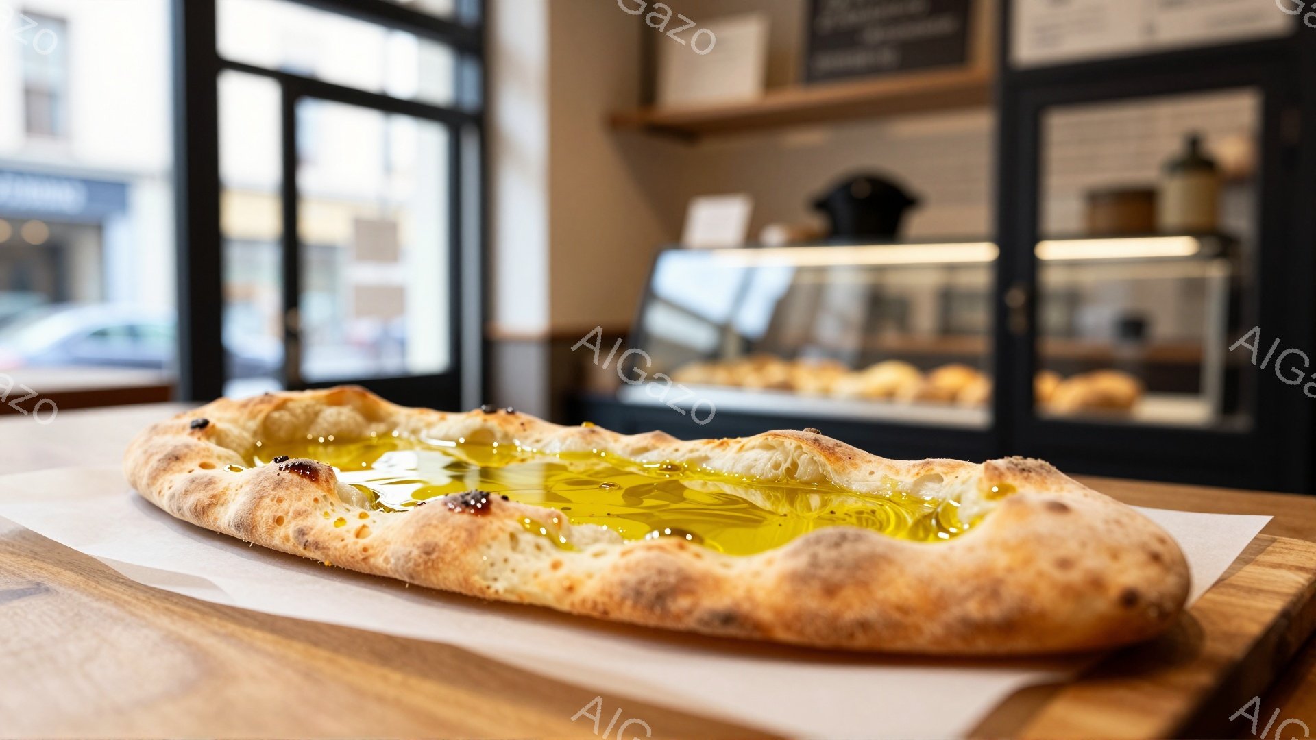 焼き上がったばかりのフォカッチャが、白い紙の上で木製のボードに置かれている。表面にはオリーブオイルが輝き、焦げ目が美味しさを物語っている。背景にはガラス張りのショーケースと、ぼやけた街並みが見え、店内の温かい雰囲気が感じられる。