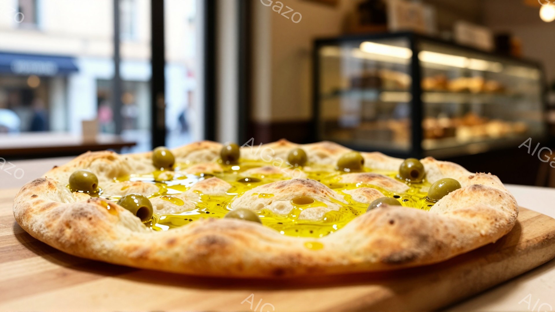 ピザは木製の板の上にあり、表面にはオリーブオイルが滴り、緑色のオリーブが散りばめられています。生地はふっくらとしており、焼き色がついており、美味しそうです。背景にはショーケースがあり、ぼんやりと人々が見え、店内の様子が伺えます。