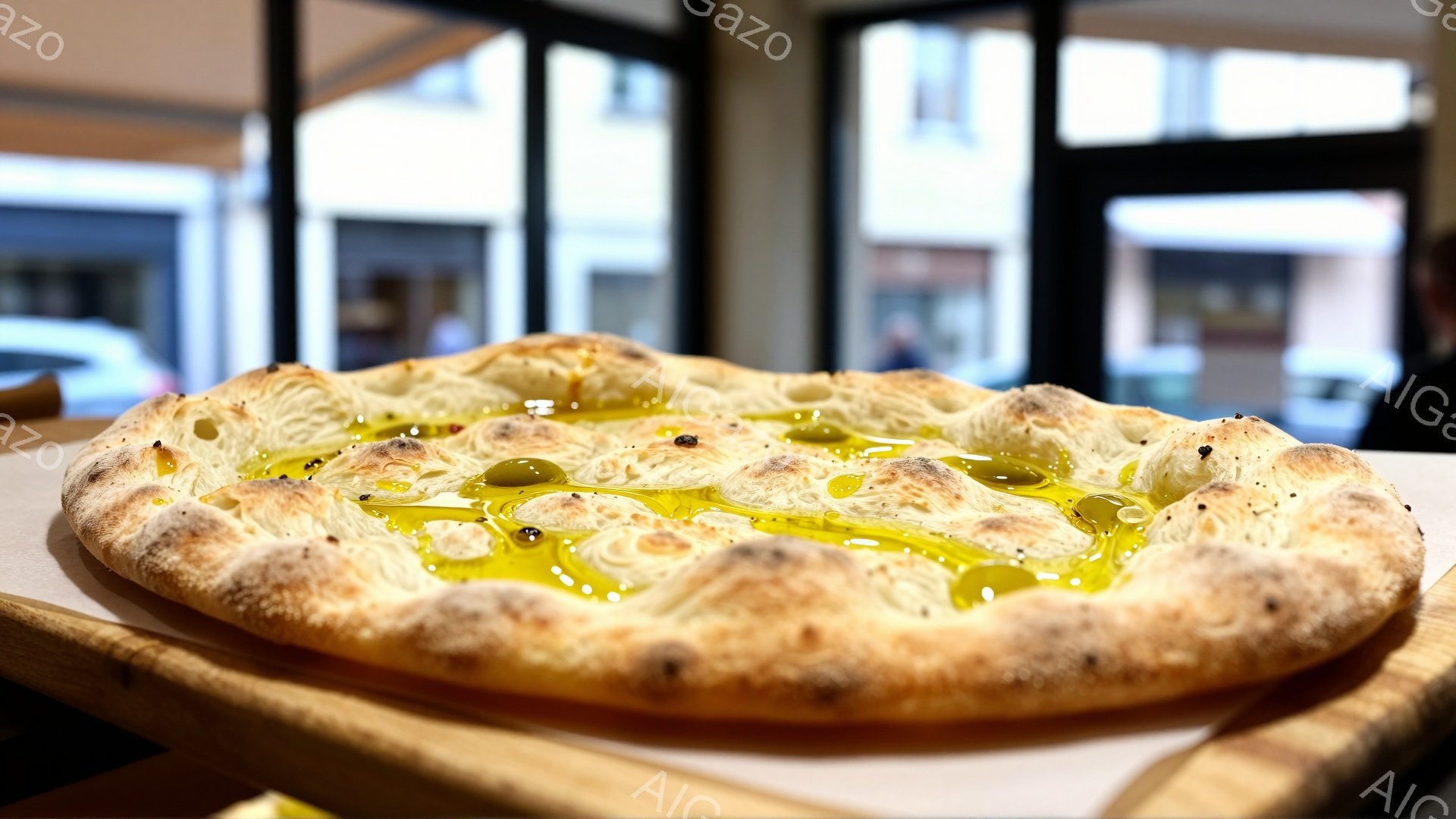 画像は、焼きたてのピザの一枚を捉えています。縁が波打ち、表面にはオリーブオイルが滴り、香ばしい焦げ目がついており、美味しさが伝わってきます。背景にはぼやけた窓と、何人かの人物が写っており、カジュアルな雰囲気のレストランで撮影されたものと思われます。