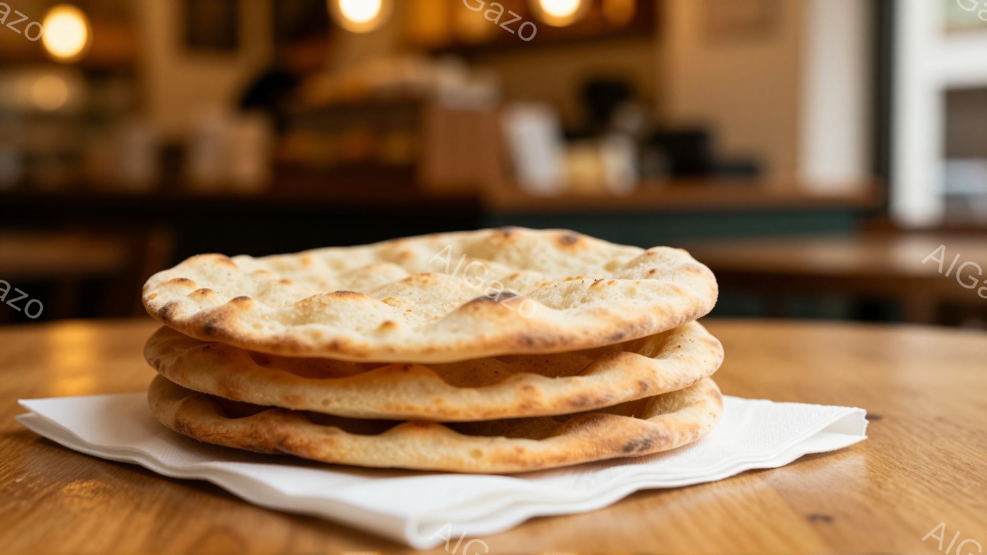 木のテーブルの上に、焼きたての平たいパンが白い紙の上に重ねられて置かれている。パンは焦げ目がついており、表面にはハーブのようなものが散りばめられている。背景はぼやけており、おそらくレストランやカフェの内部であると考えられる、暖かく落ち着いた雰囲気の写真である。