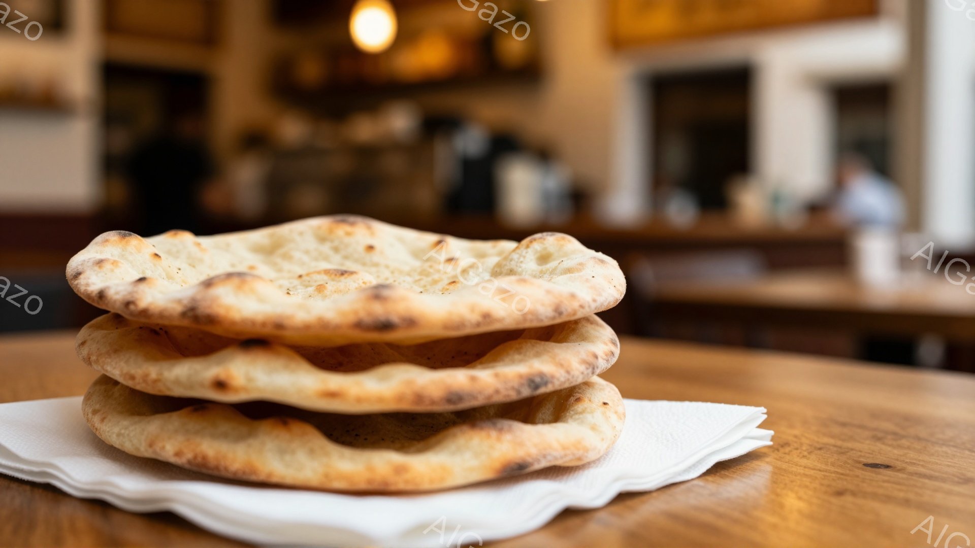 画像には、白い紙の上に重ねられた焼き立てのピタパンが写っている。ピタパンは表面に焦げ目がつき、ふっくらとした形をしている。背景はぼやけており、レストランやカフェのような場所で撮影されたようだ。