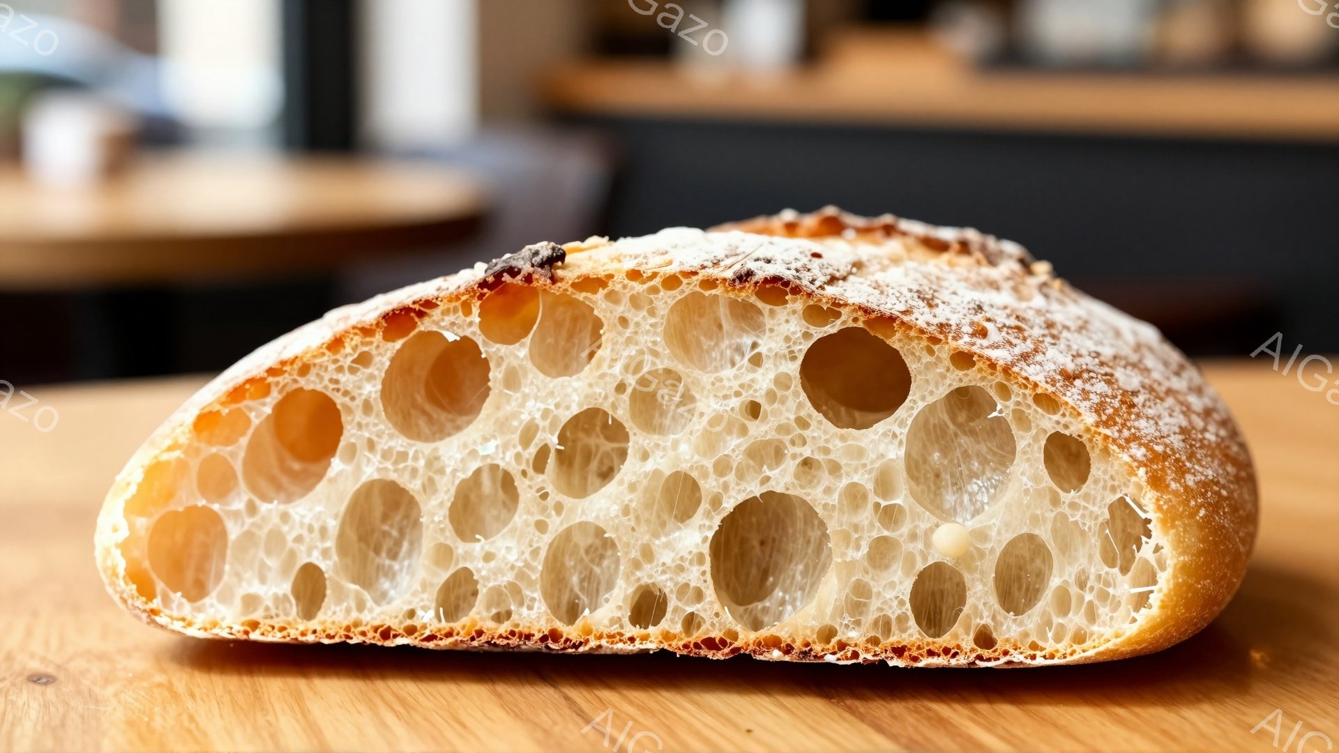 画像は、焼きたてのパンの断面を表しています。生地は大きく不規則な穴がたくさんあり、しっとりとしていて、外側は薄い小麦粉の層で覆われています。木製のテーブルの上に置かれており、背景はぼやけていますが、何かの店の内部であることが伺えます。