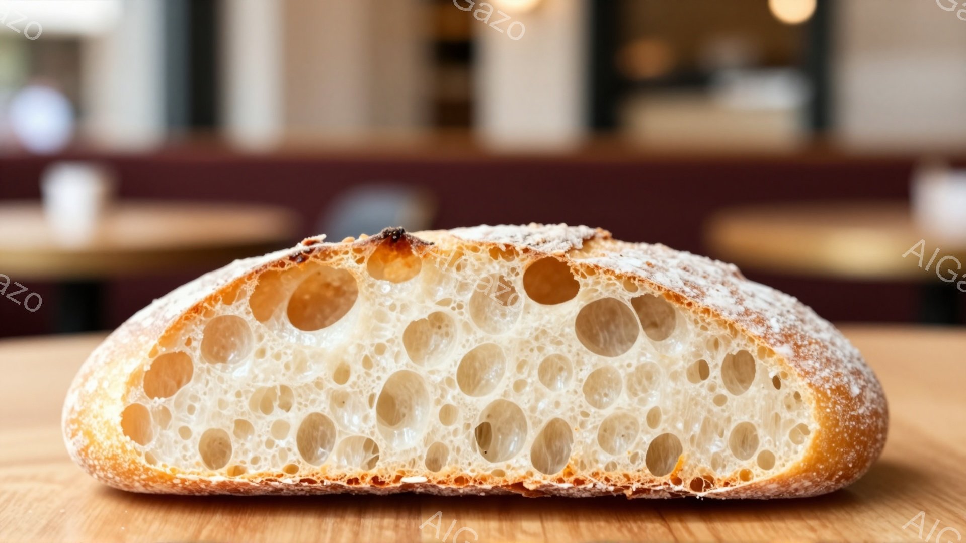 画像は、切り開かれたパンの断面のクローズアップです。外側は薄い茶色で、粗く粉がまぶされており、中は大きな気泡がたくさん空いており、ふっくらとした食感を想像させます。背景はぼかされており、木製のテーブルの上に置かれていることがわかります。